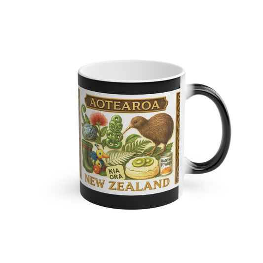 Mug with New Zealand-themed design featuring a kiwi bird, plants, and text on a white background