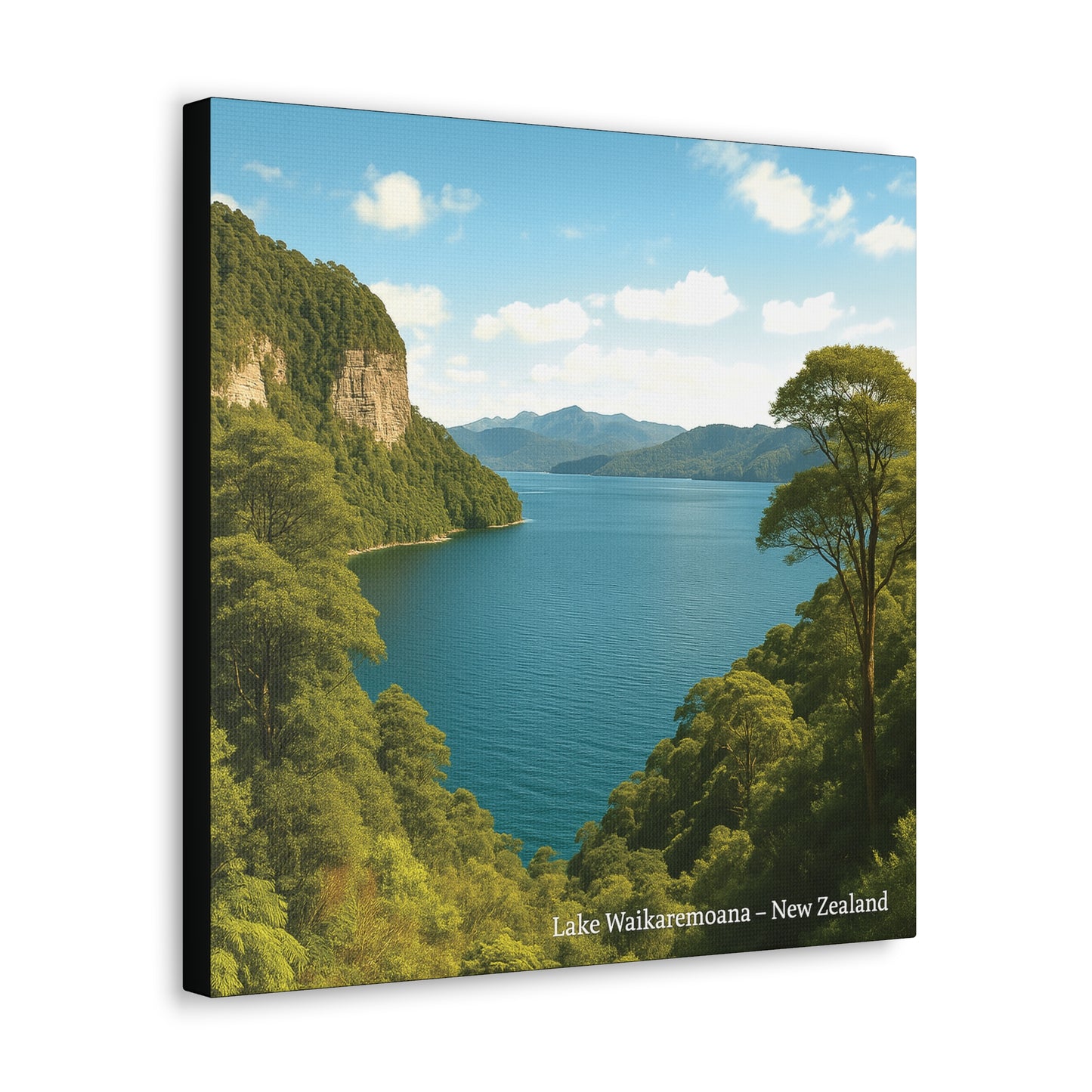 Canvas print of Lake Waikaremoana with green trees and blue water.