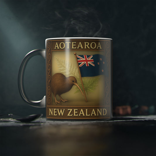 Mug with New Zealand design featuring a kiwi bird and flag on a dark background