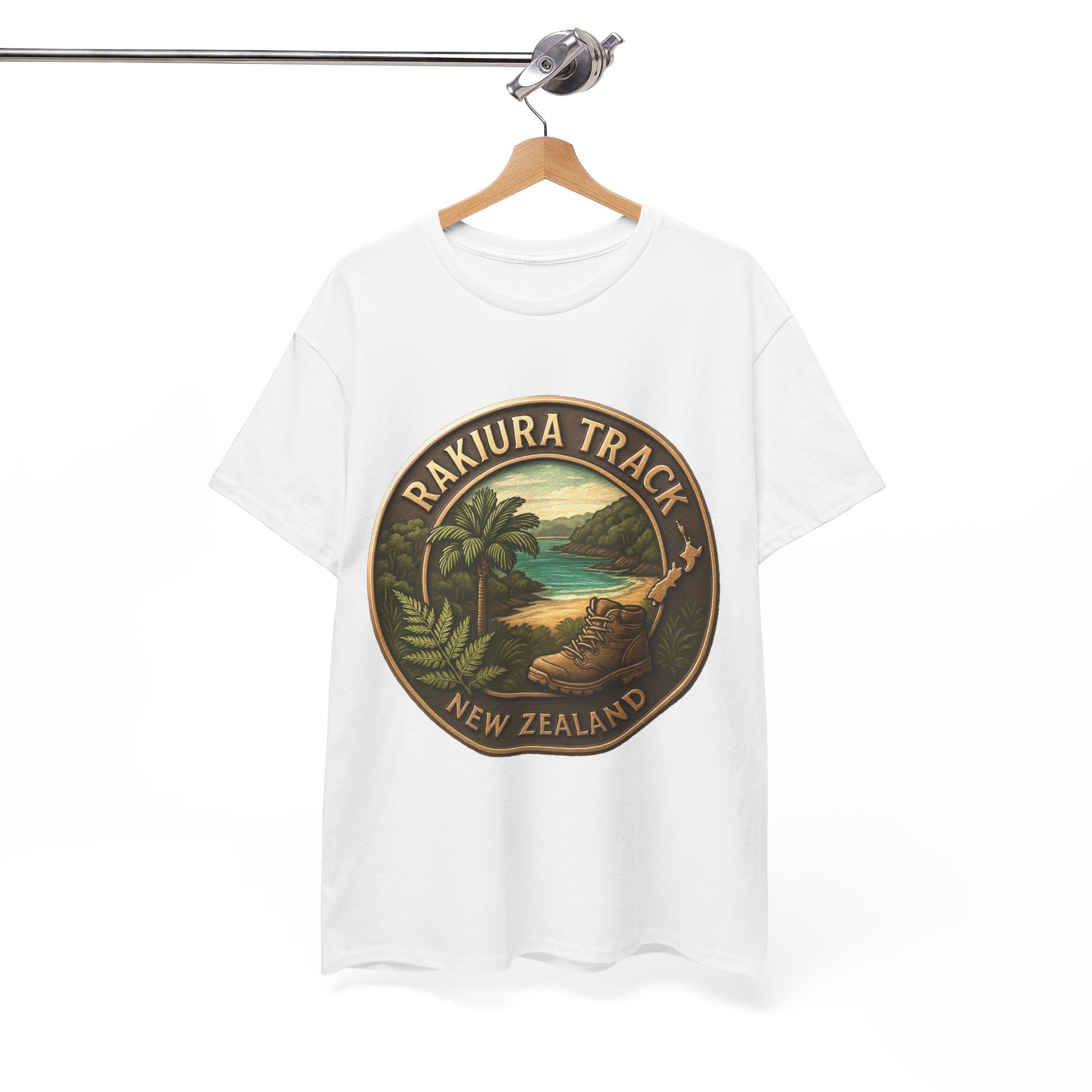 White t-shirt with a 'Rakiura Track, New Zealand' graphic on a hanger against a white background