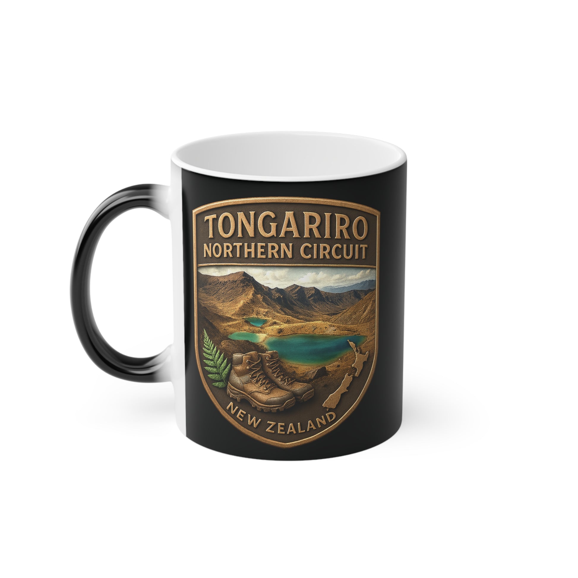 Black Coffee Cup mug with Tongariro Northern Circuit New Zealand design on a white background