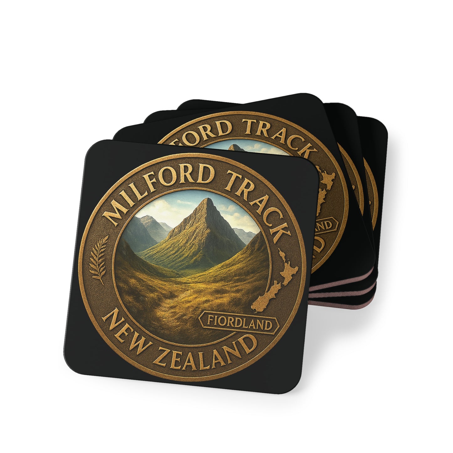 Coasters with Milford Track design on a white background