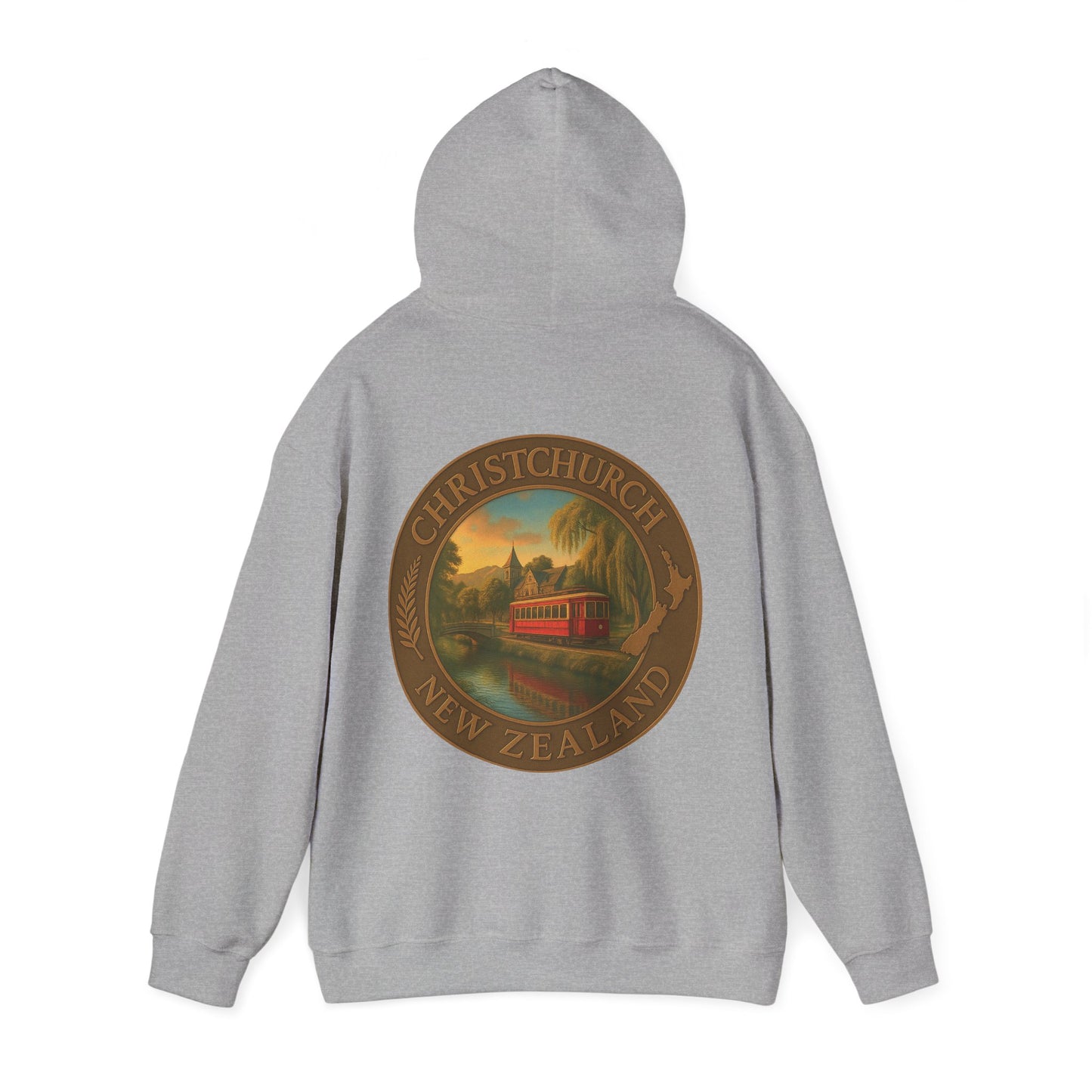 Gray hoodie with a Christchurch, New Zealand design on the back