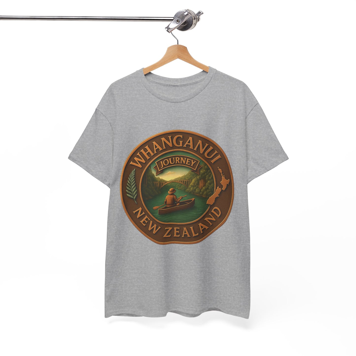 Gray t-shirt with a 'Whanganui Journey New Zealand' graphic on a hanger against a white background