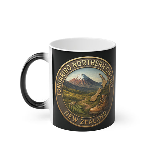 Black mug with Tongariro Northern Circuit New Zealand design on a white background