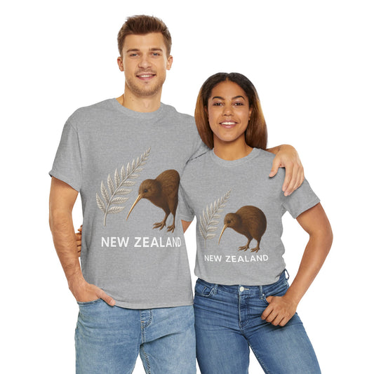 Two people wearing gray t-shirts with a kiwi bird and silver fern design, labeled 'New Zealand'.