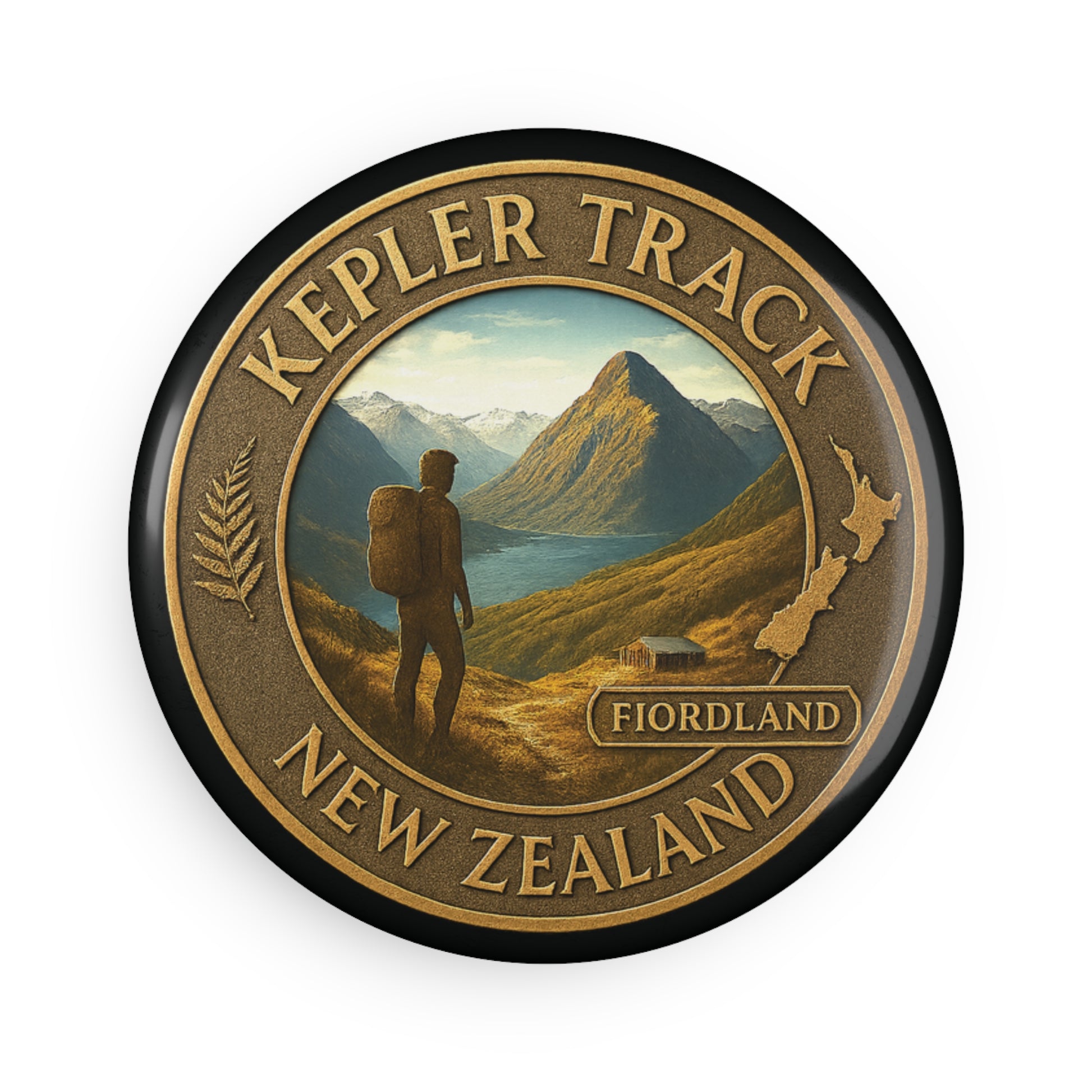Button badge with 'Kepler Track, Fiordland, New Zealand' design featuring a mountain landscape and person with a backpack.