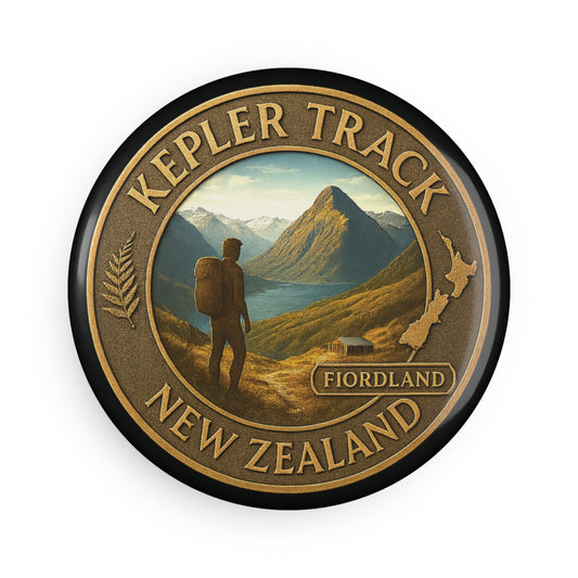 Button badge with 'Kepler Track, Fiordland, New Zealand' design featuring a mountain landscape and person with a backpack.