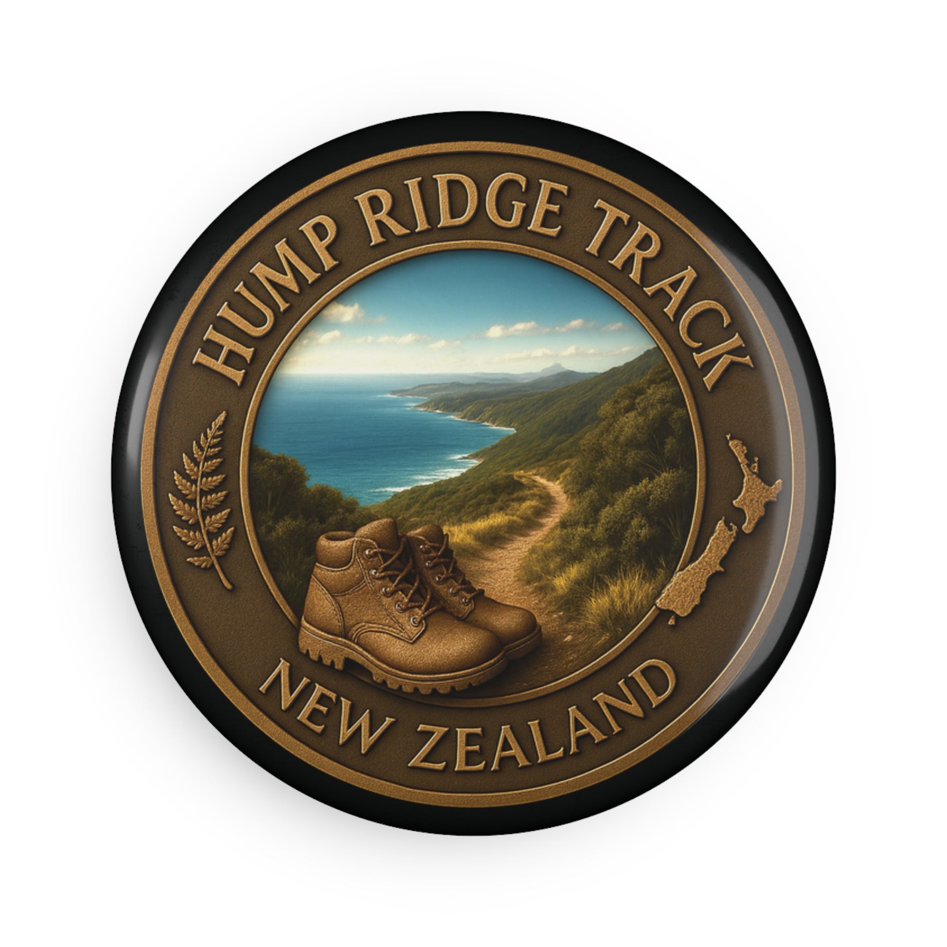 Round Fridge Magnet with 'Hump Ridge Track, New Zealand' text and hiking boot illustration on a scenic background.