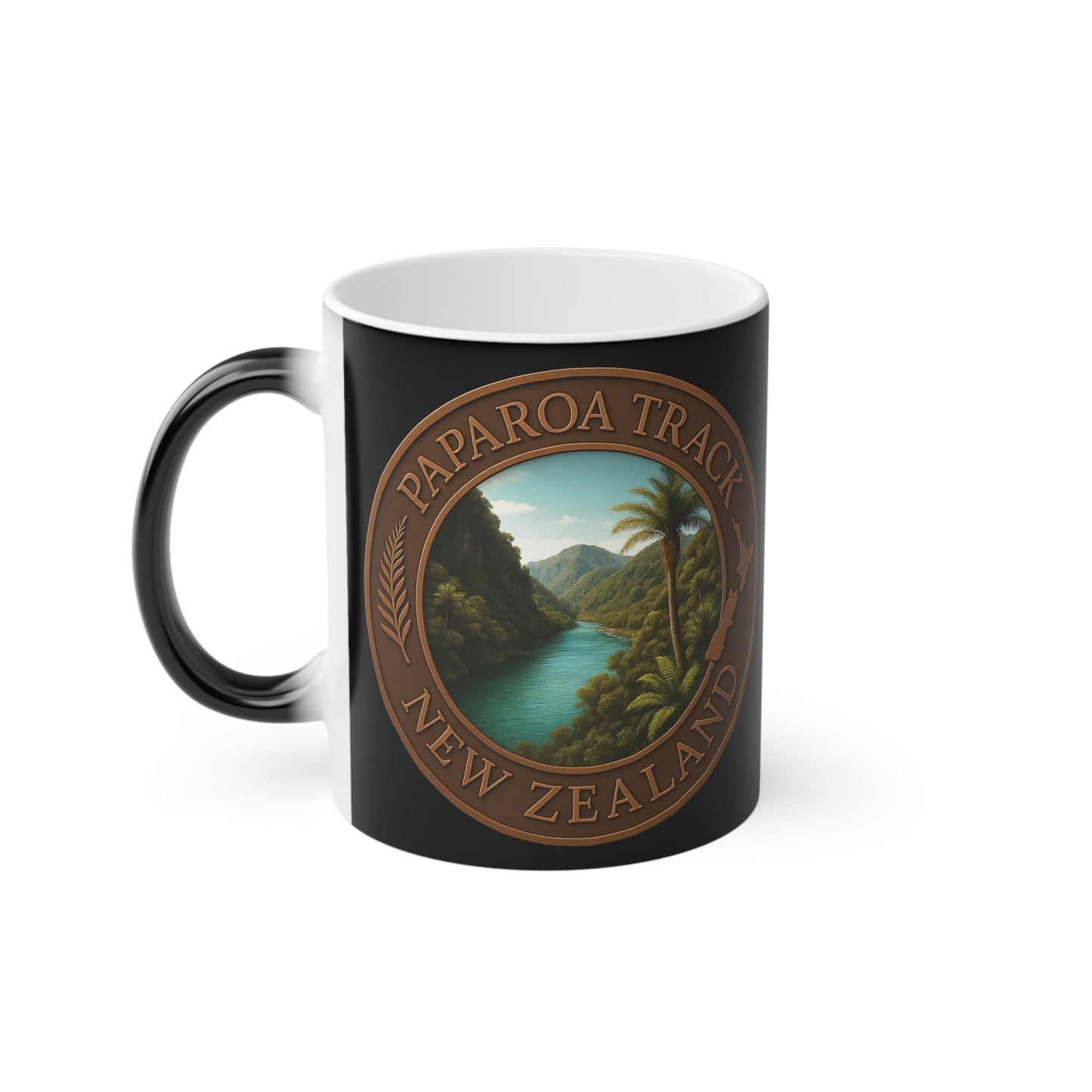 Black Coffee Cup with Paparoa Track New Zealand design on a white background