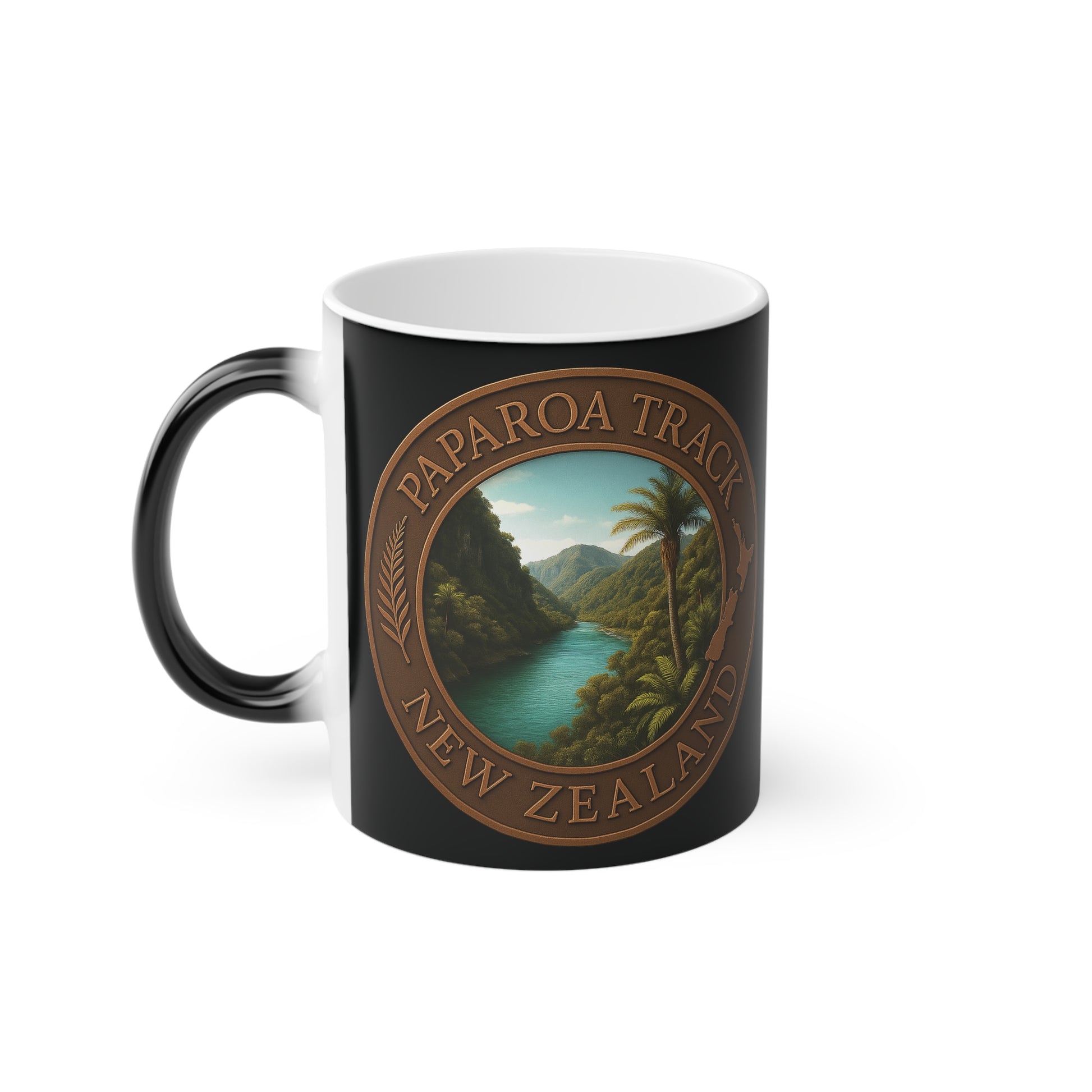 Black Coffee Cup with Paparoa Track New Zealand design on a white background