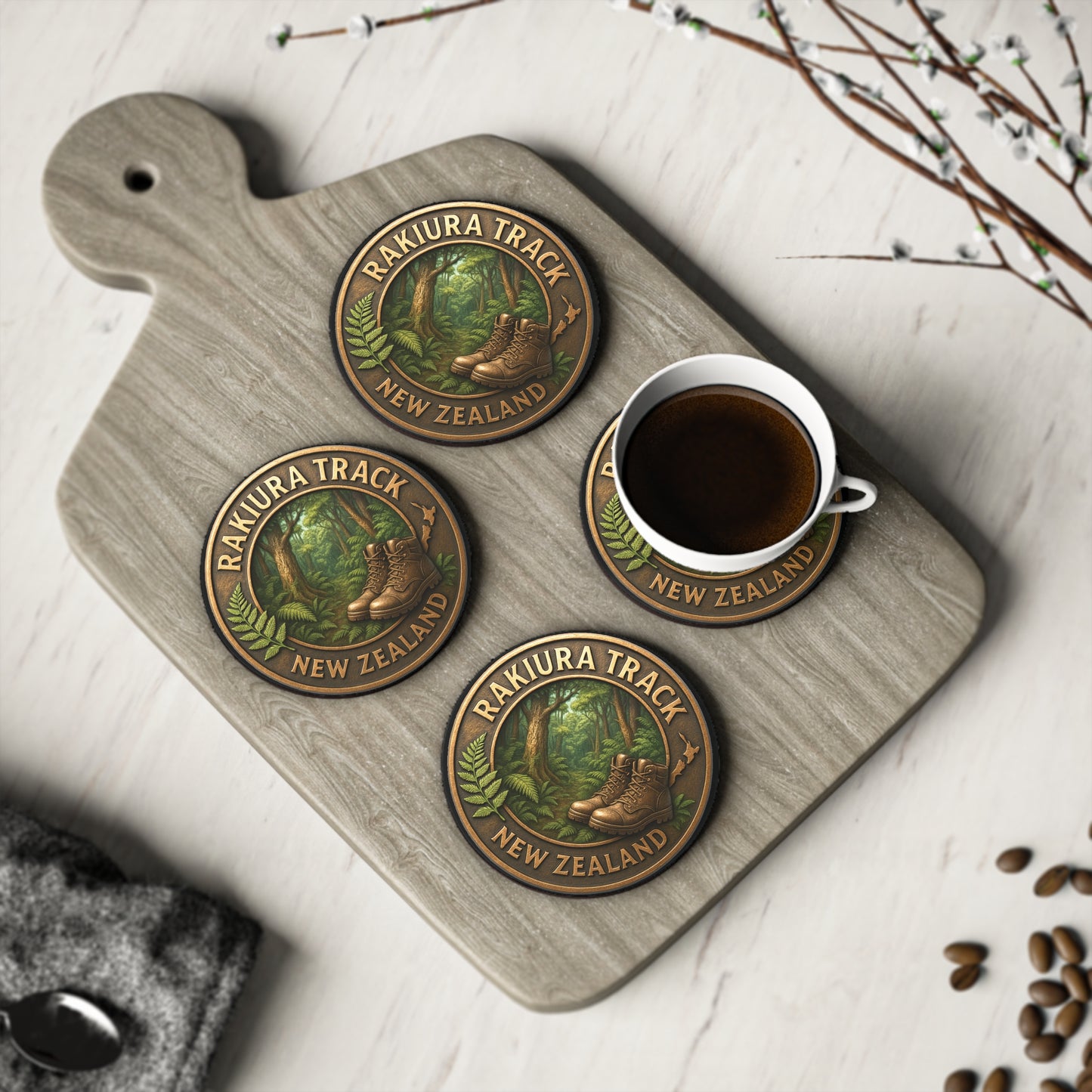 Set of four Rakiura Track New Zealand coasters on a wooden board with a cup of coffee.