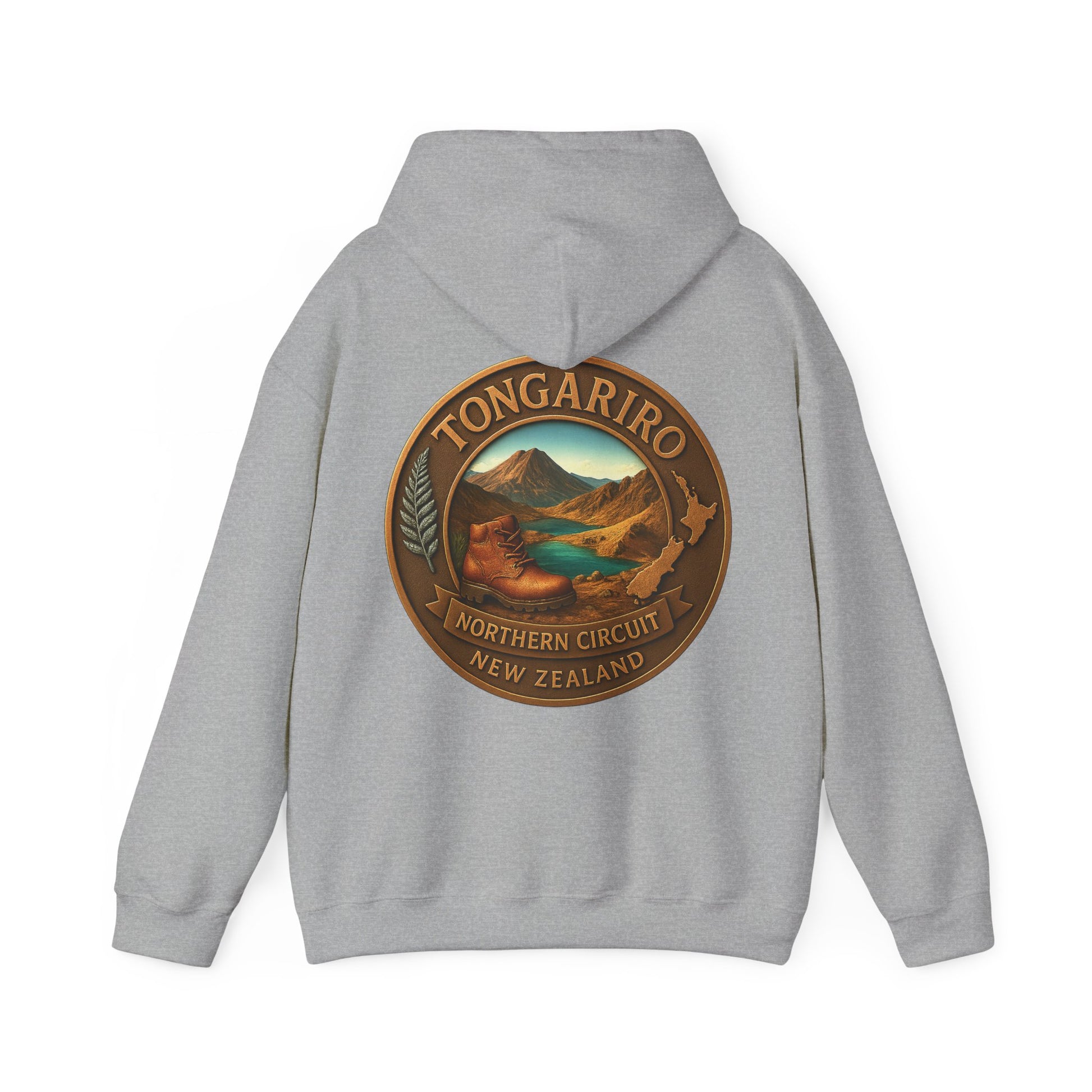 Gray hoodie with Tongariro Northern Circuit Northern Circuit New Zealand logo on the back