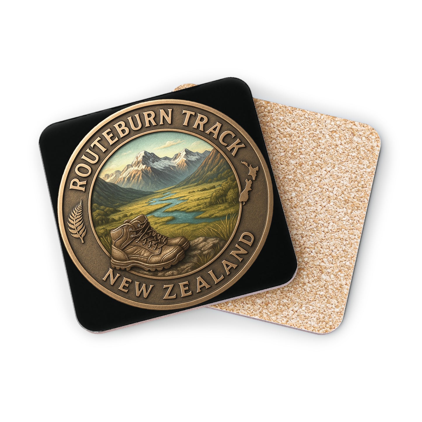 Coaster set with Routeburn Track New Zealand design on a white background
