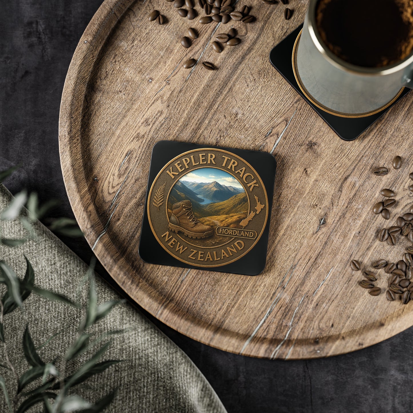 Coaster with 'Kepler Track, New Zealand' design on a wooden tray with coffee and coffee beans.