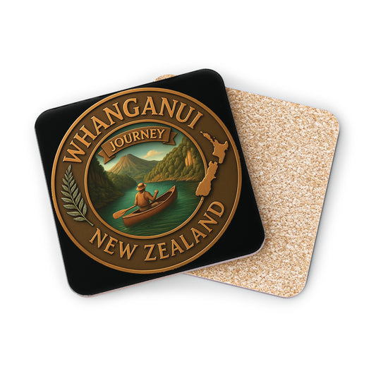 Coaster set with 'Whanganui Journey New Zealand' design on a white background
