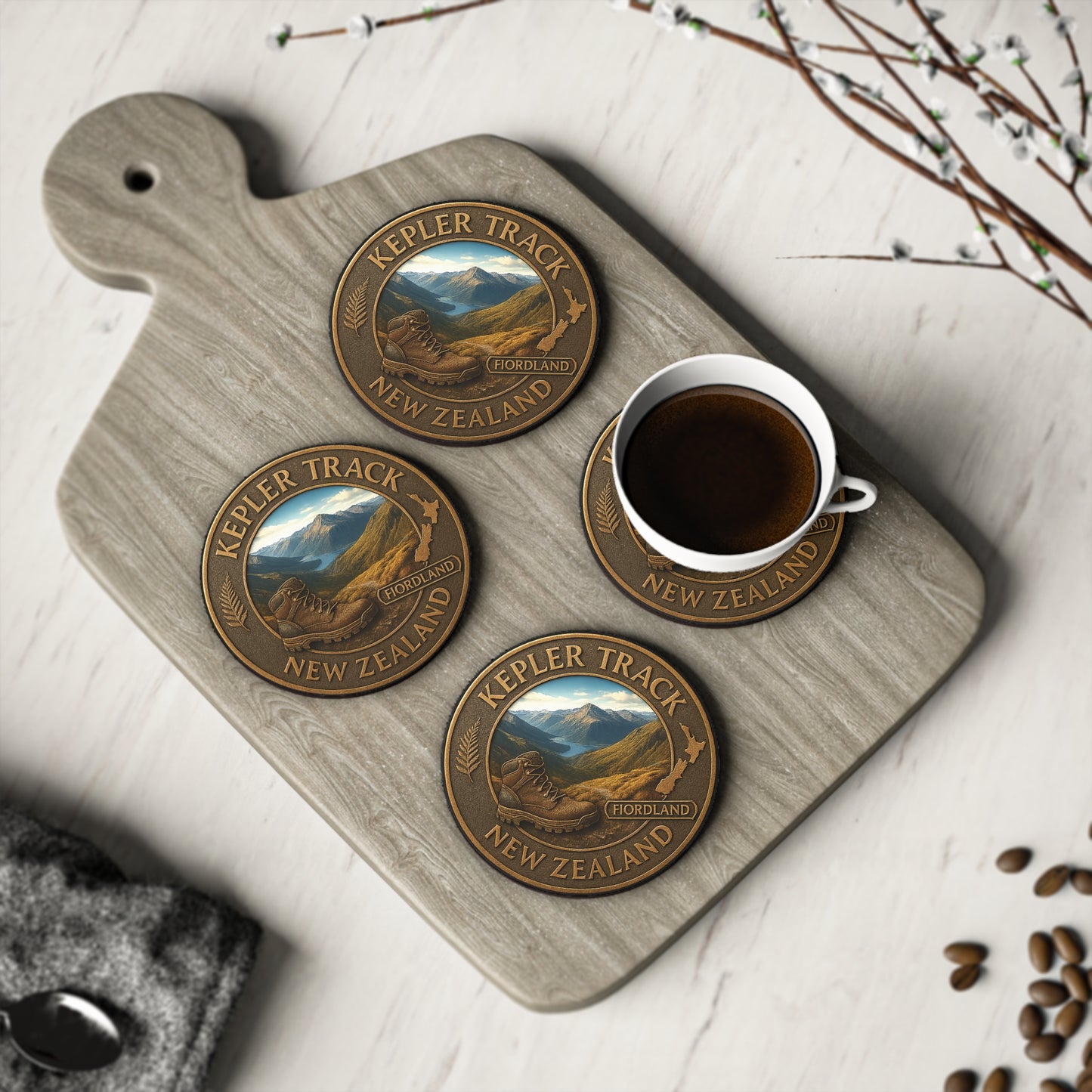 Kepler Track New Zealand coasters on a wooden board with a cup of coffee