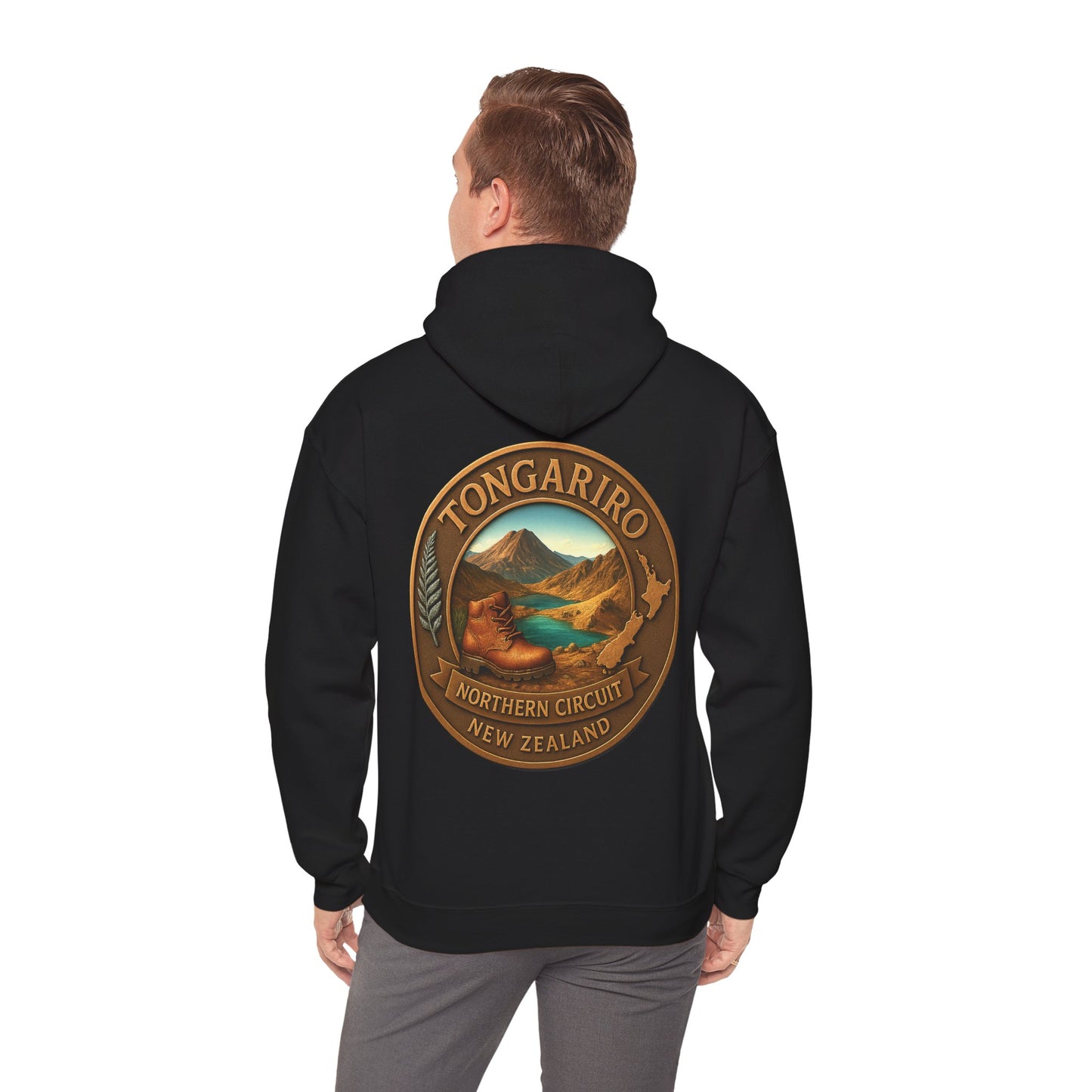 Black hoodie with Tongariro Northern Circuit New Zealand design on the back, worn by a person.