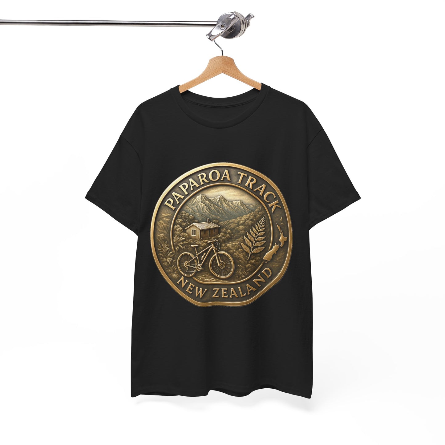 Black t-shirt with Paparoa Track New Zealand design on a hanger against a white background
