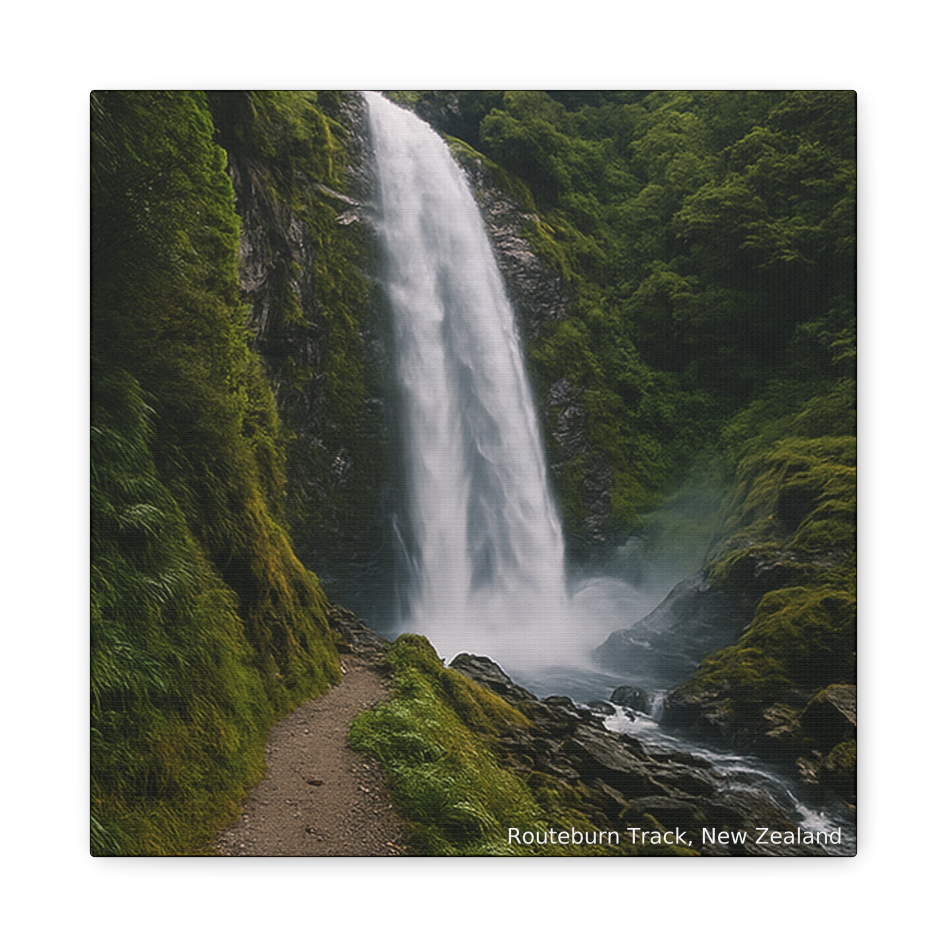Waterfall on the Routeburn Track in New Zealand surrounded by greenery.