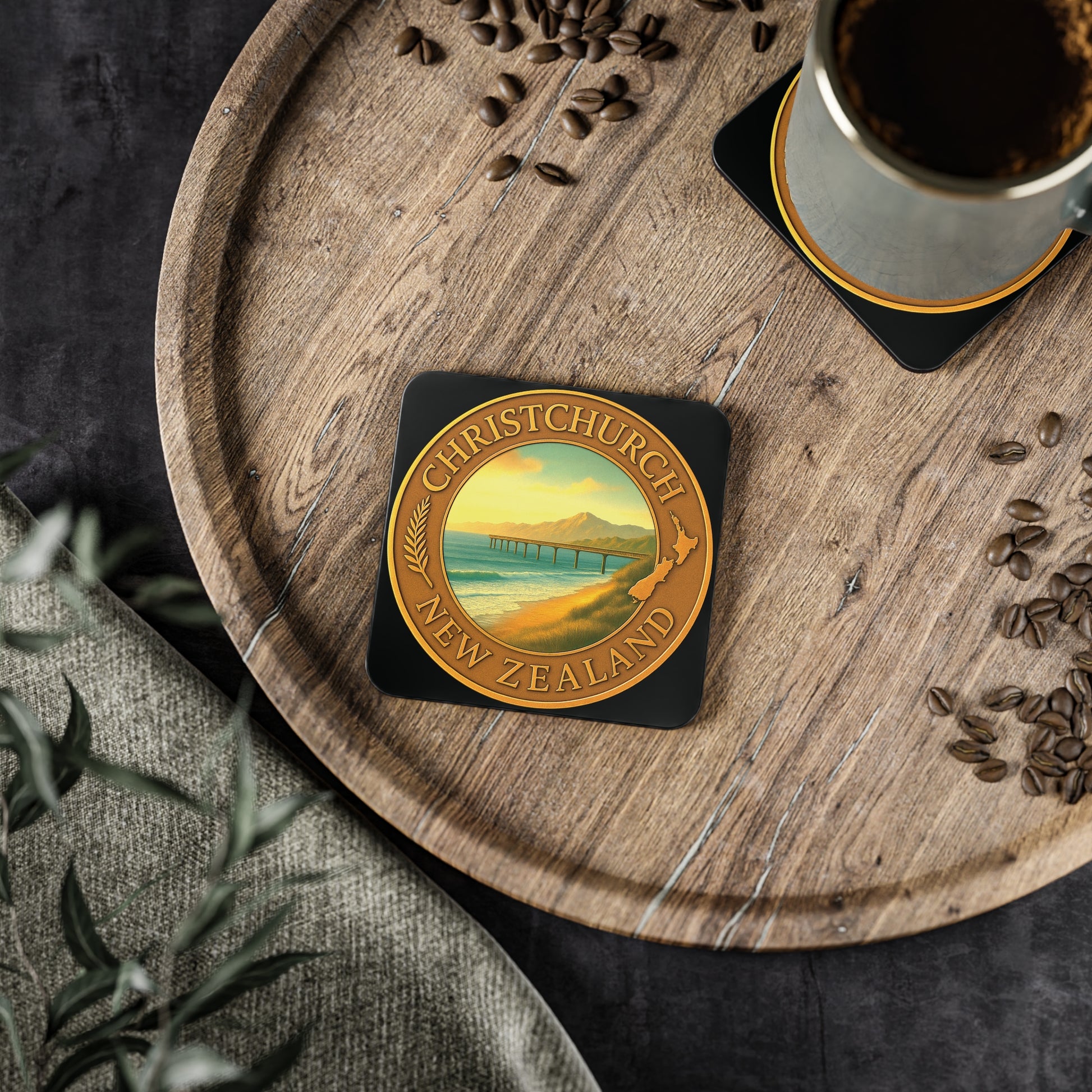 Coaster with Christchurch, New Zealand design on a wooden tray with coffee and coffee beans.