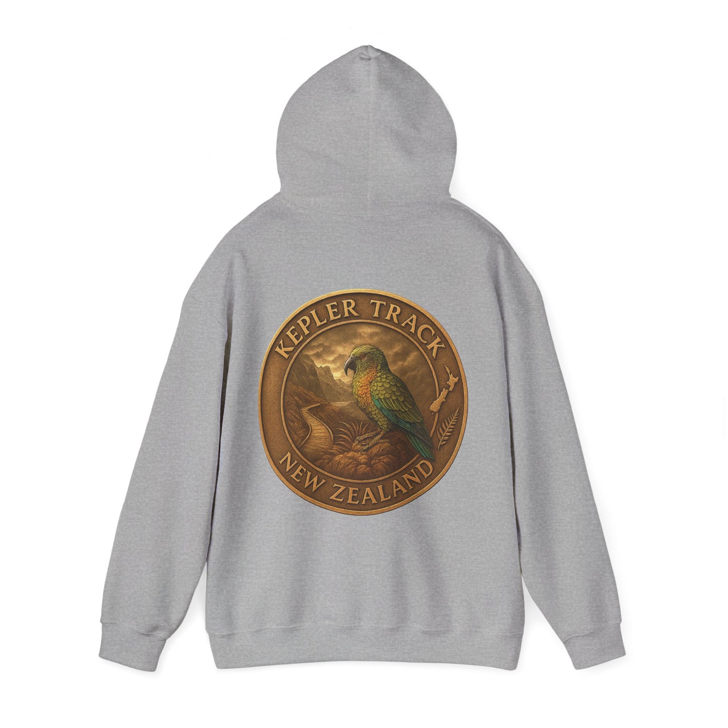 Gray hoodie with a parrot design and 'Kepler Track New Zealand' text on the back.