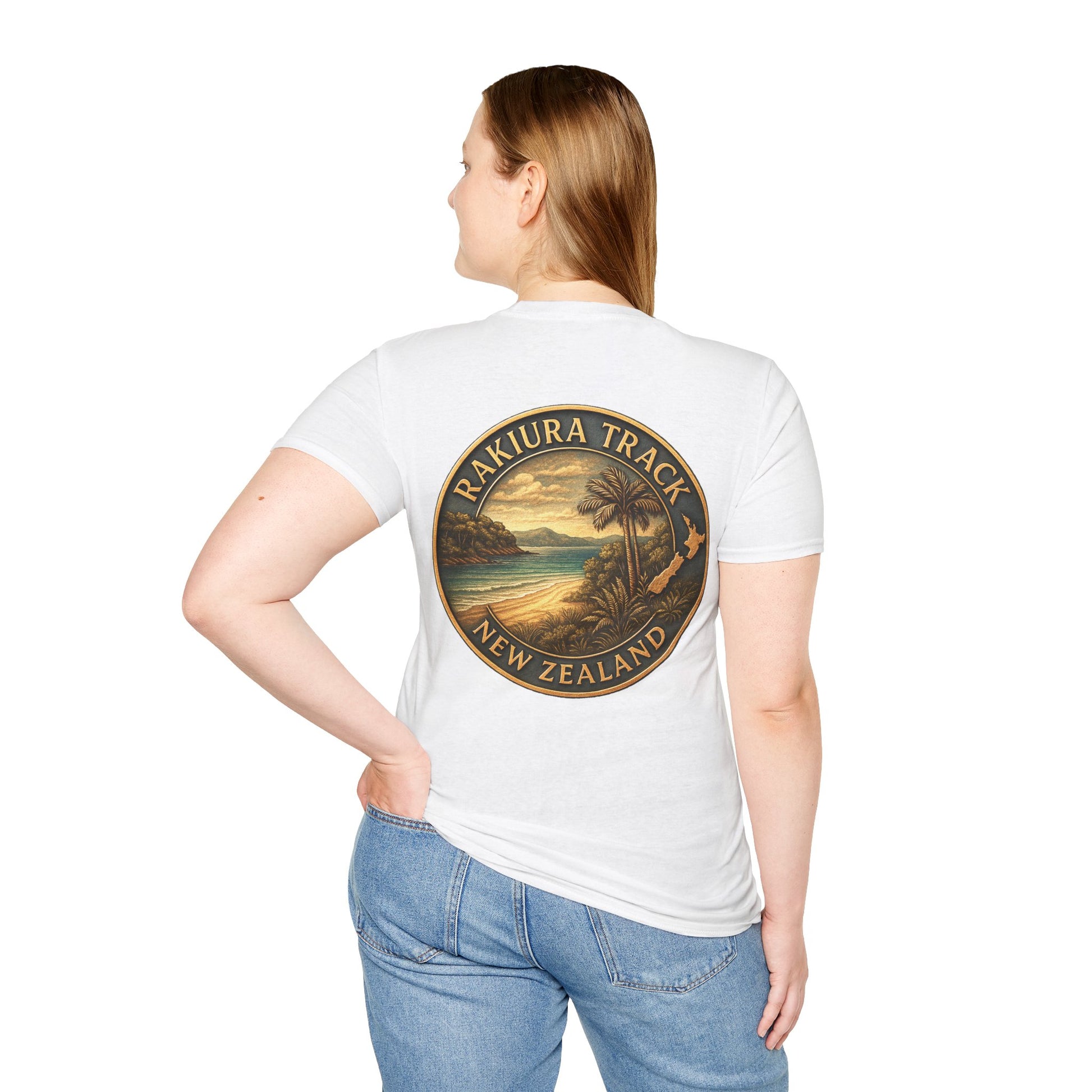 Person wearing a white t-shirt with a 'Rakiura Track, New Zealand' design on the back.