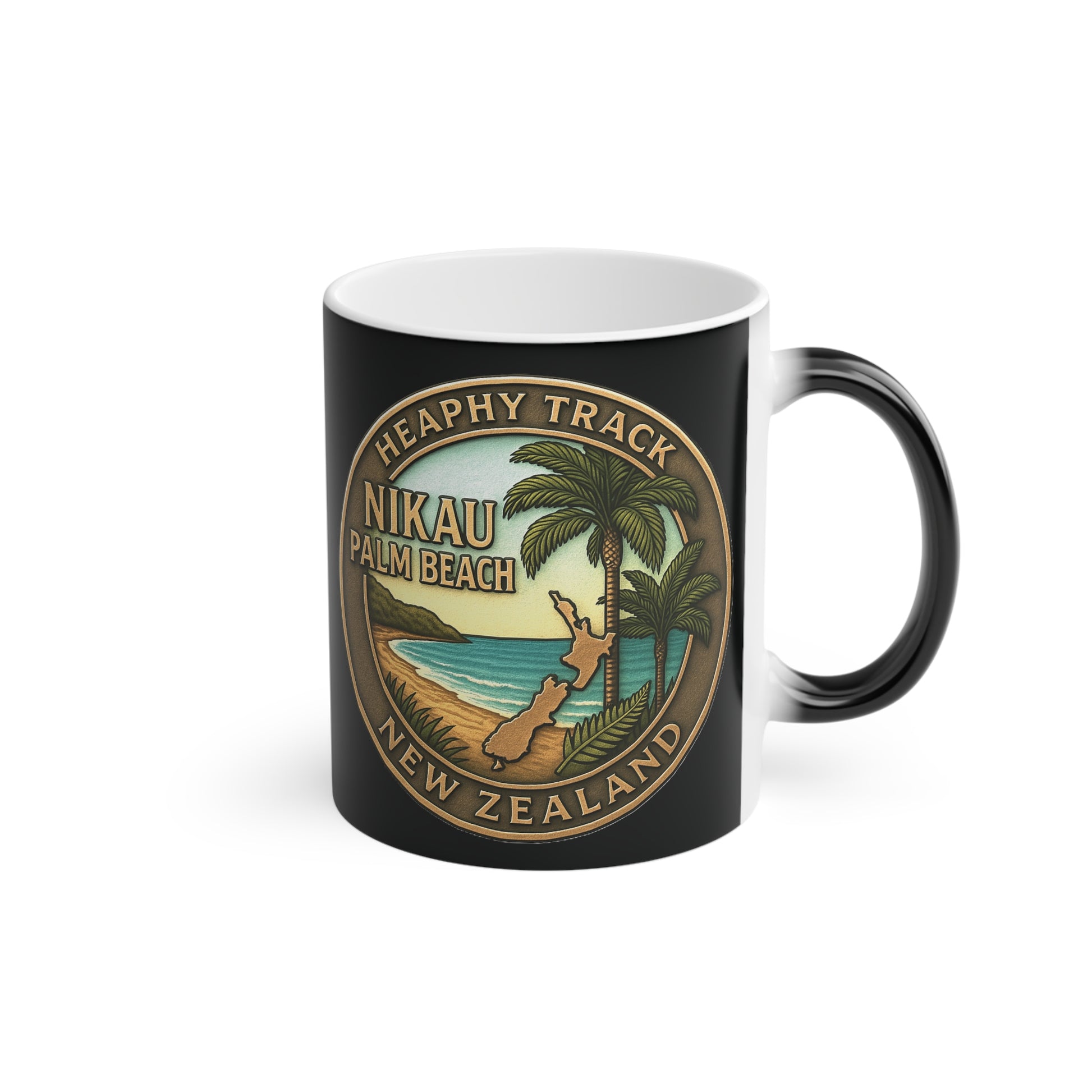 Heaphy Track Black mug with a palm tree design and text on a white background