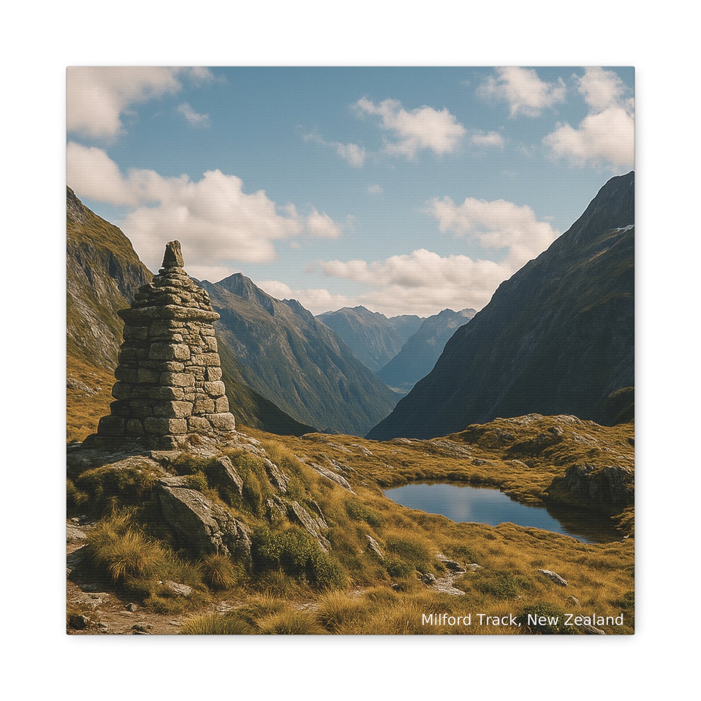 Stone cairn on a mountain with a lake and mountains in the background, labeled 'Milford Track, New Zealand'.