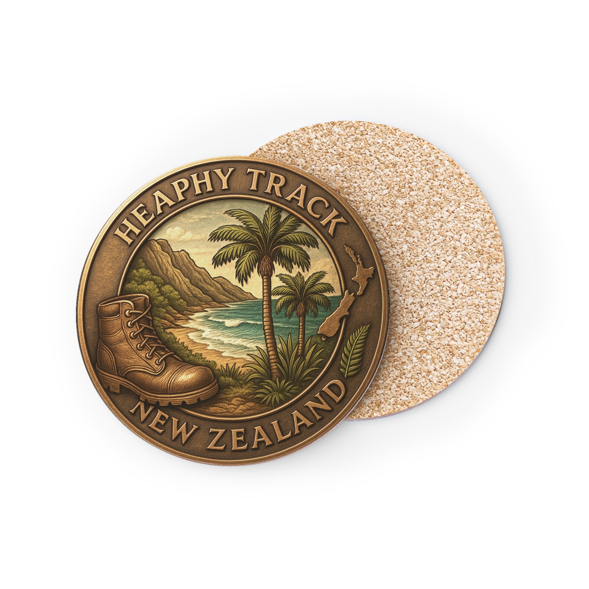 Coaster with Heaphy Track New Zealand design featuring a boot, palm trees, and landscape.