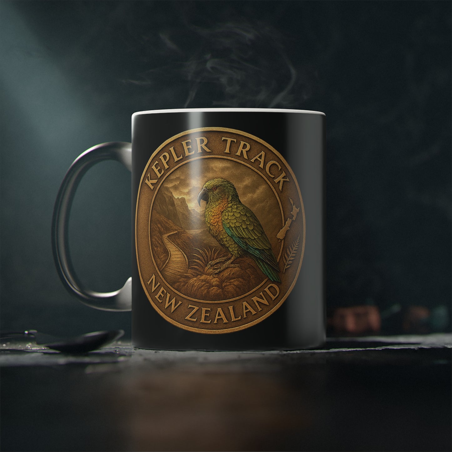 Mug with a parrot design and 'Kepler Track New Zealand' text on a dark background