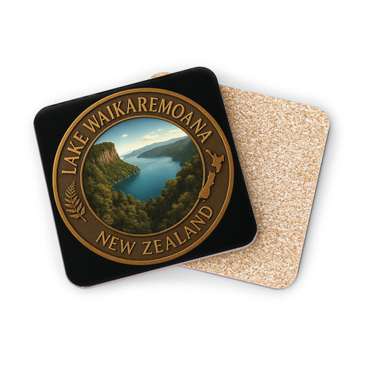 Coaster with Lake Waikaremoana New Zealand design on a white background