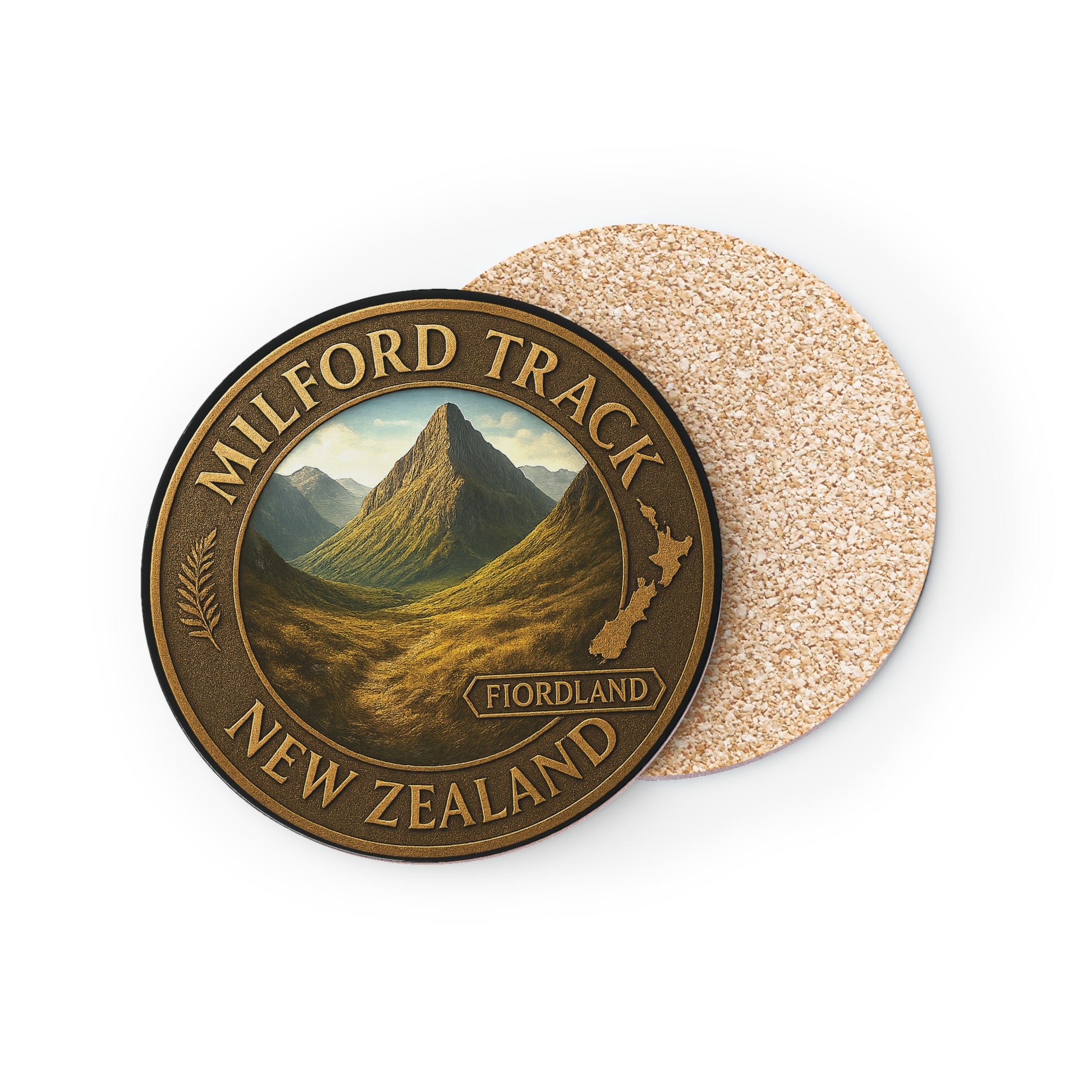Coaster with Milford Track New Zealand design on a white background
