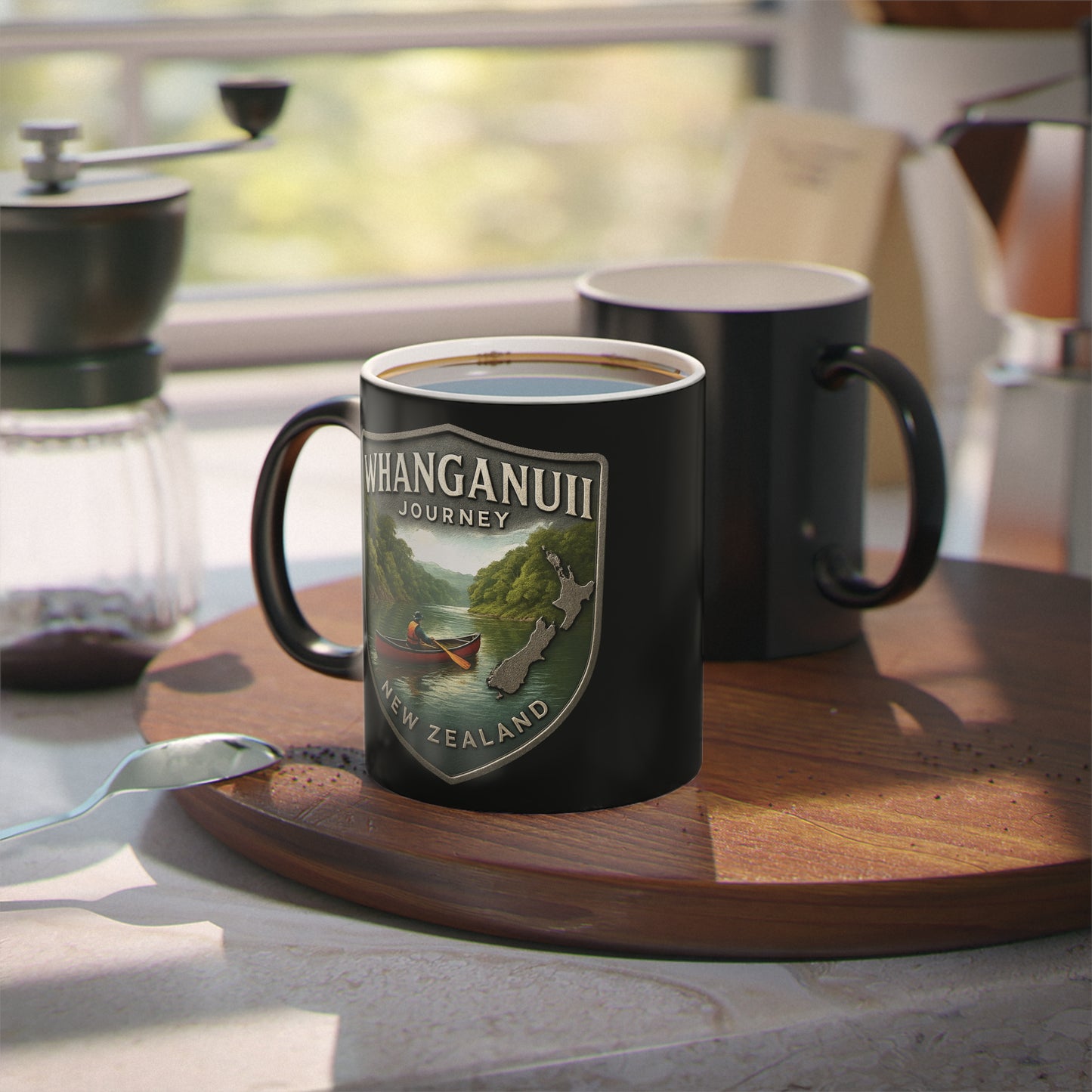 Black mug with 'Whanganui Journey New Zealand' design on a wooden tray with a blurred coffee-making setup in the background.