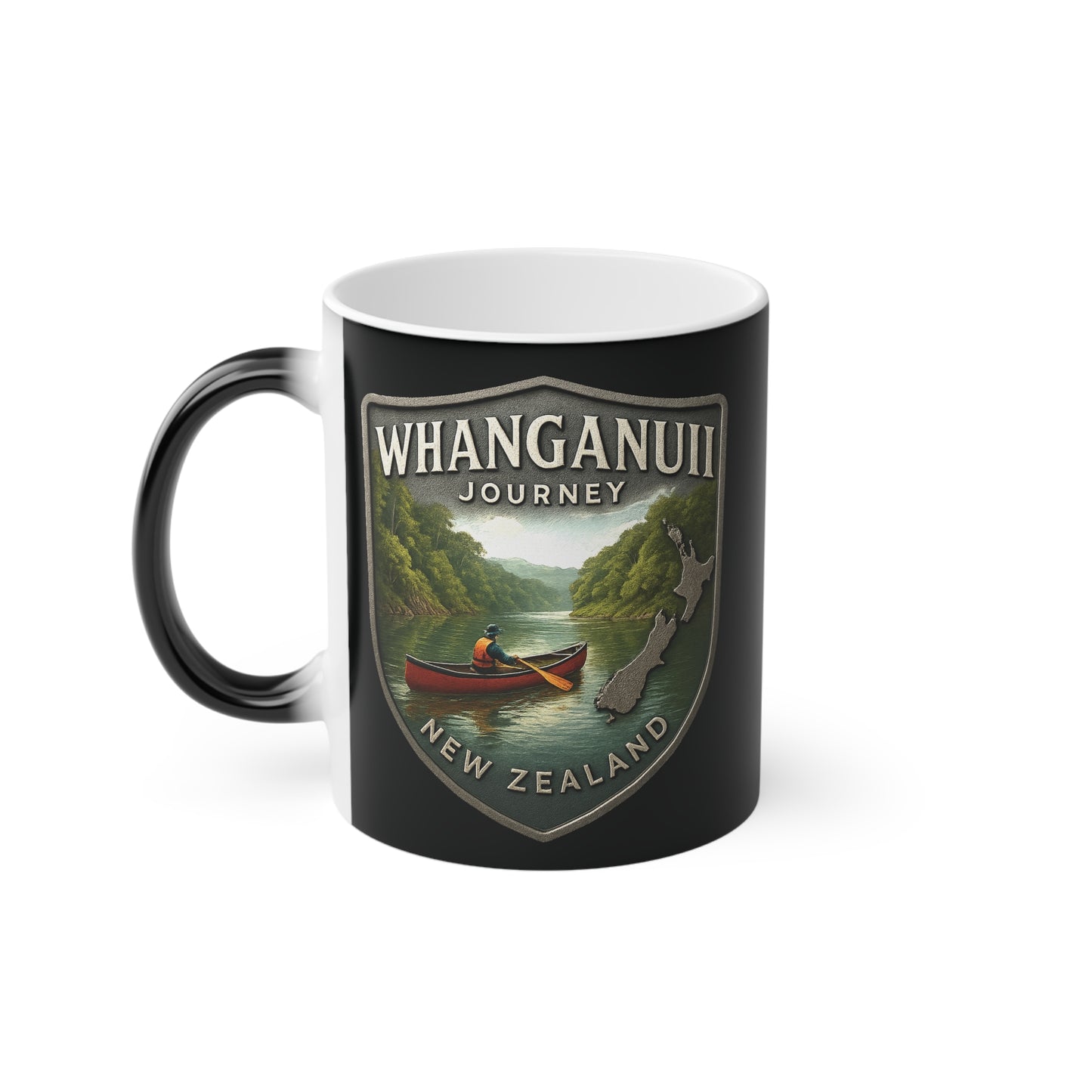 Black Coffee cup mug with Whanganui Journey New Zealand design featuring a person in a canoe.