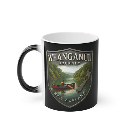 Black Coffee cup mug with Whanganui Journey New Zealand design featuring a person in a canoe.