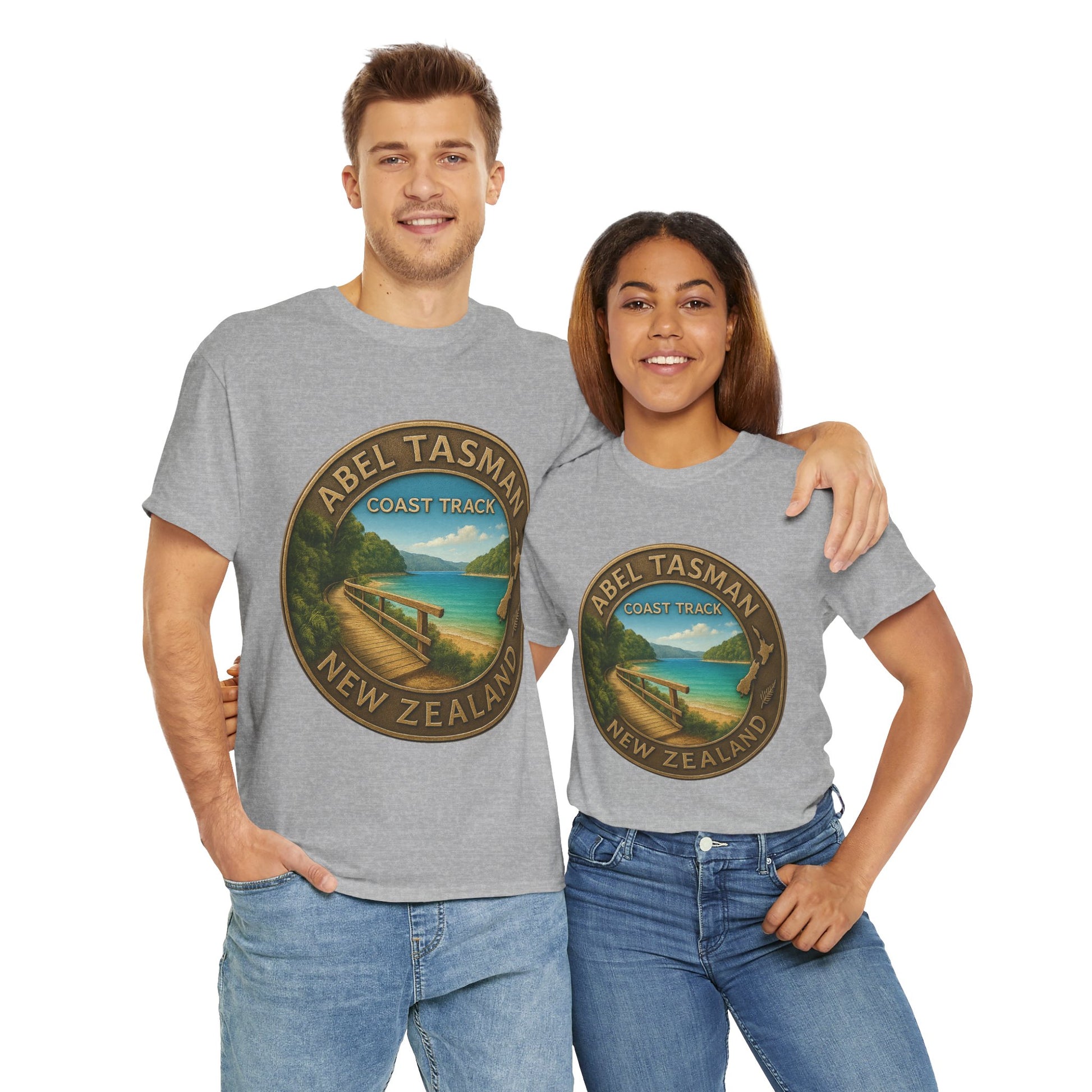 Two people wearing gray t-shirts with Abel Tasman New Zealand design.