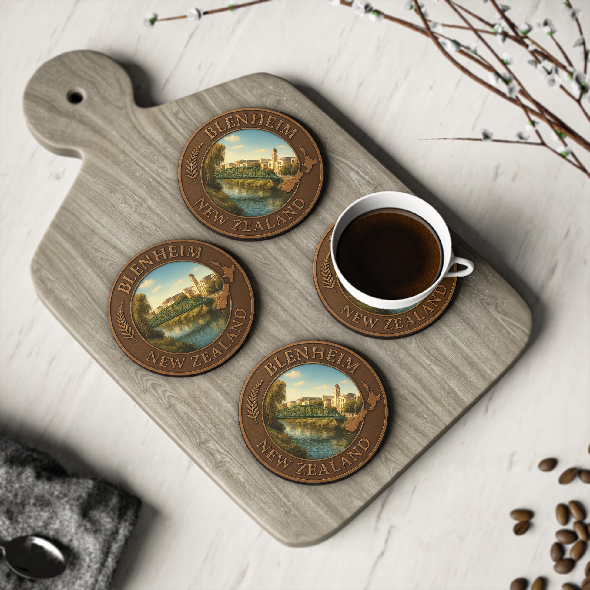 Coasters with Blenheim, New Zealand design on a wooden board with a cup of coffee.