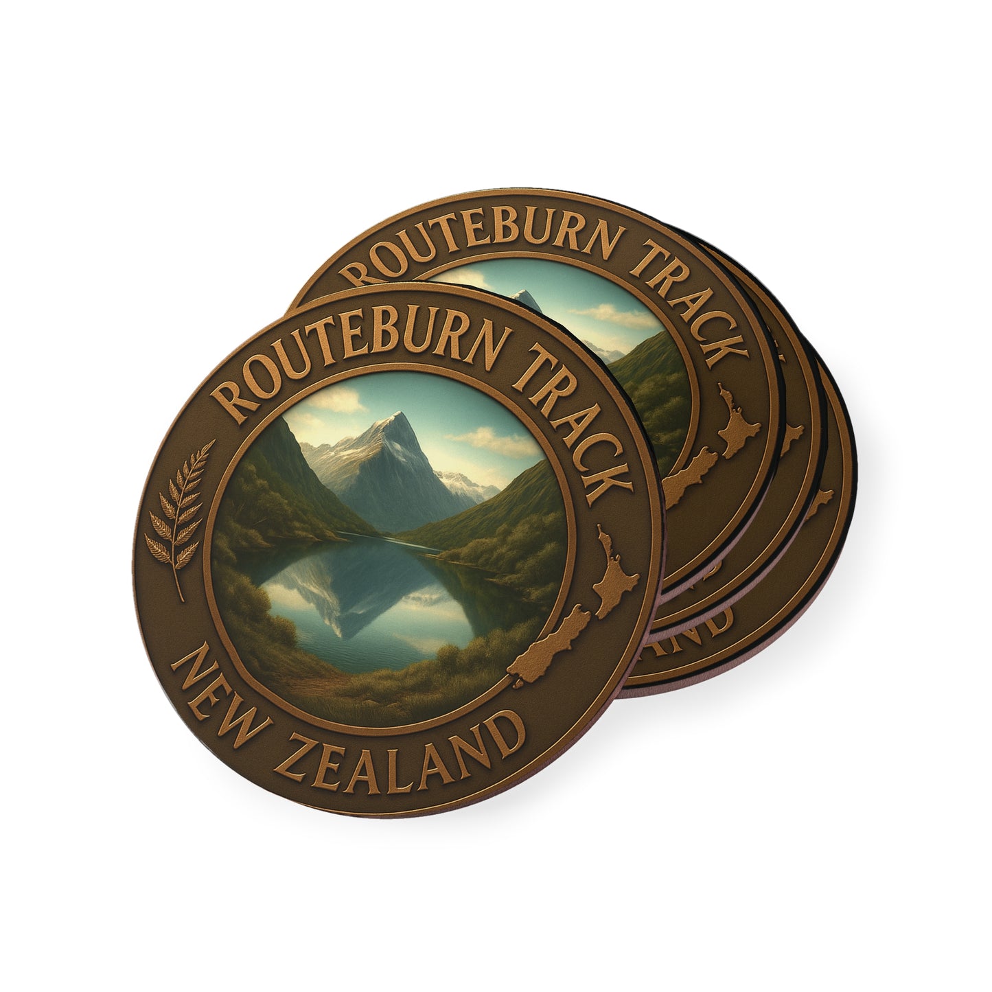 Two round stickers with 'Routeburn Track, New Zealand' design on a white background