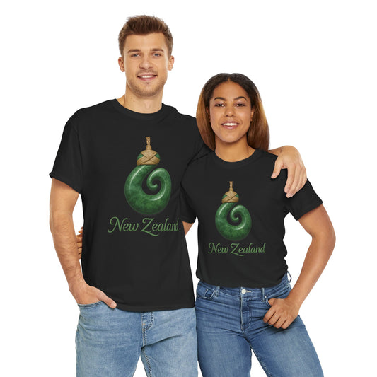 Two people wearing black t-shirts with a green spiral design and 'New Zealand' text on a white background.