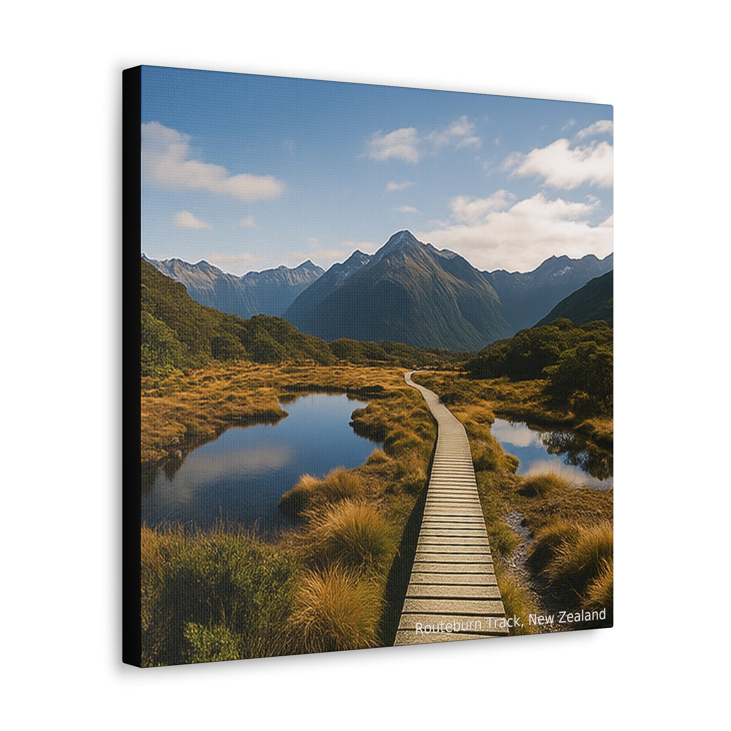 Canvas print of a scenic Routeburn Track landscape with a wooden path, lake, and mountains.