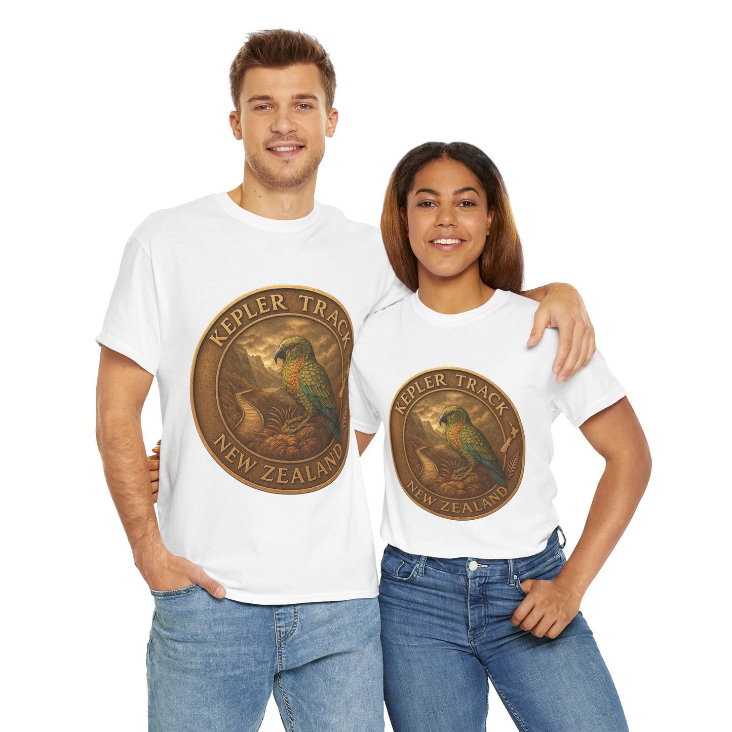 Two people wearing white t-shirts with a 'Kepler Track New Zealand' design.