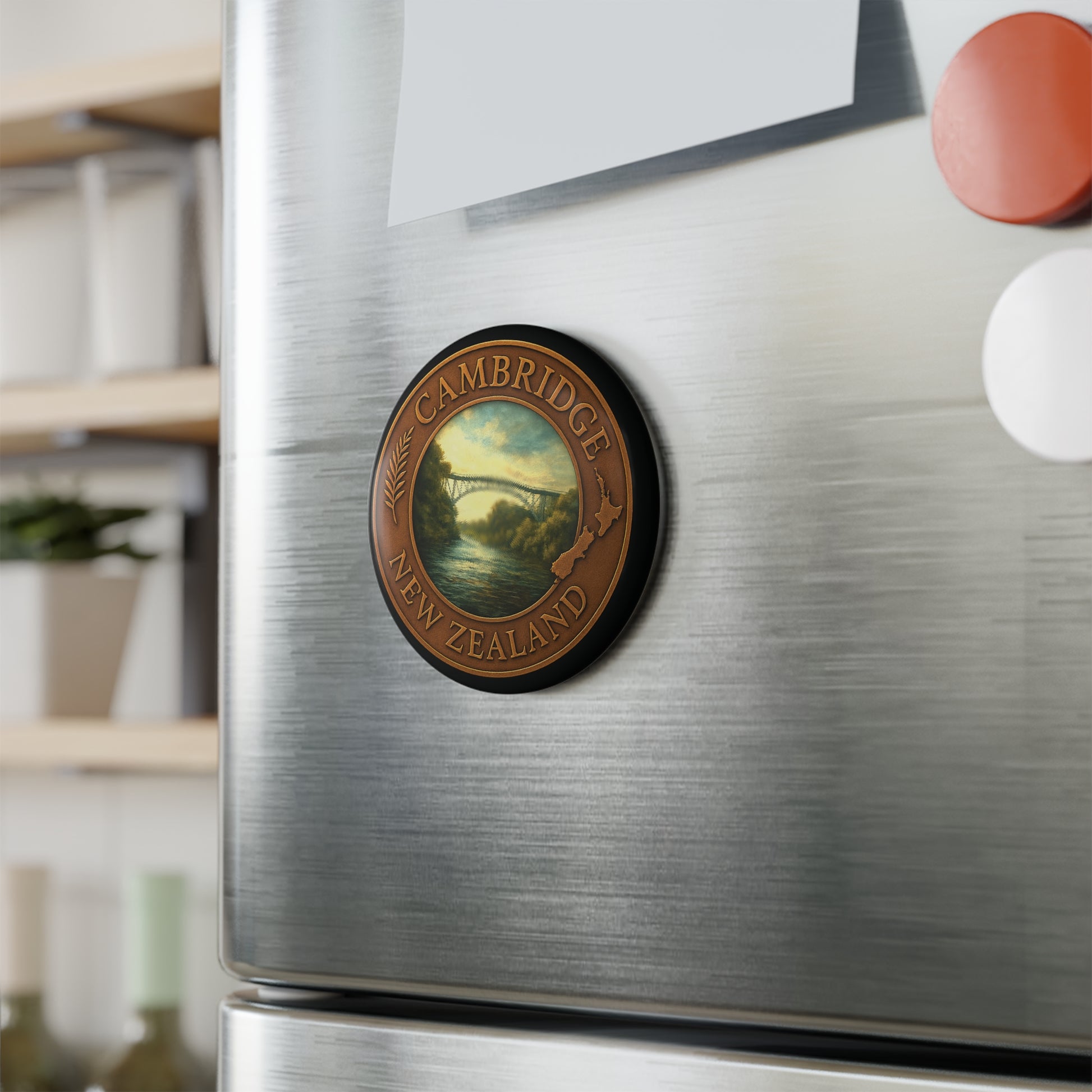 Fridge with a decorative magnet featuring Cambridge, New Zealand on a metallic surface.