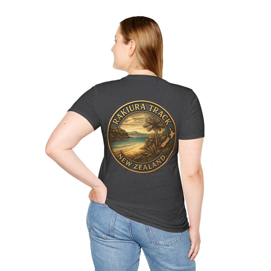 Person wearing a black t-shirt with 'Rakiura Track New Zealand' design on the back.