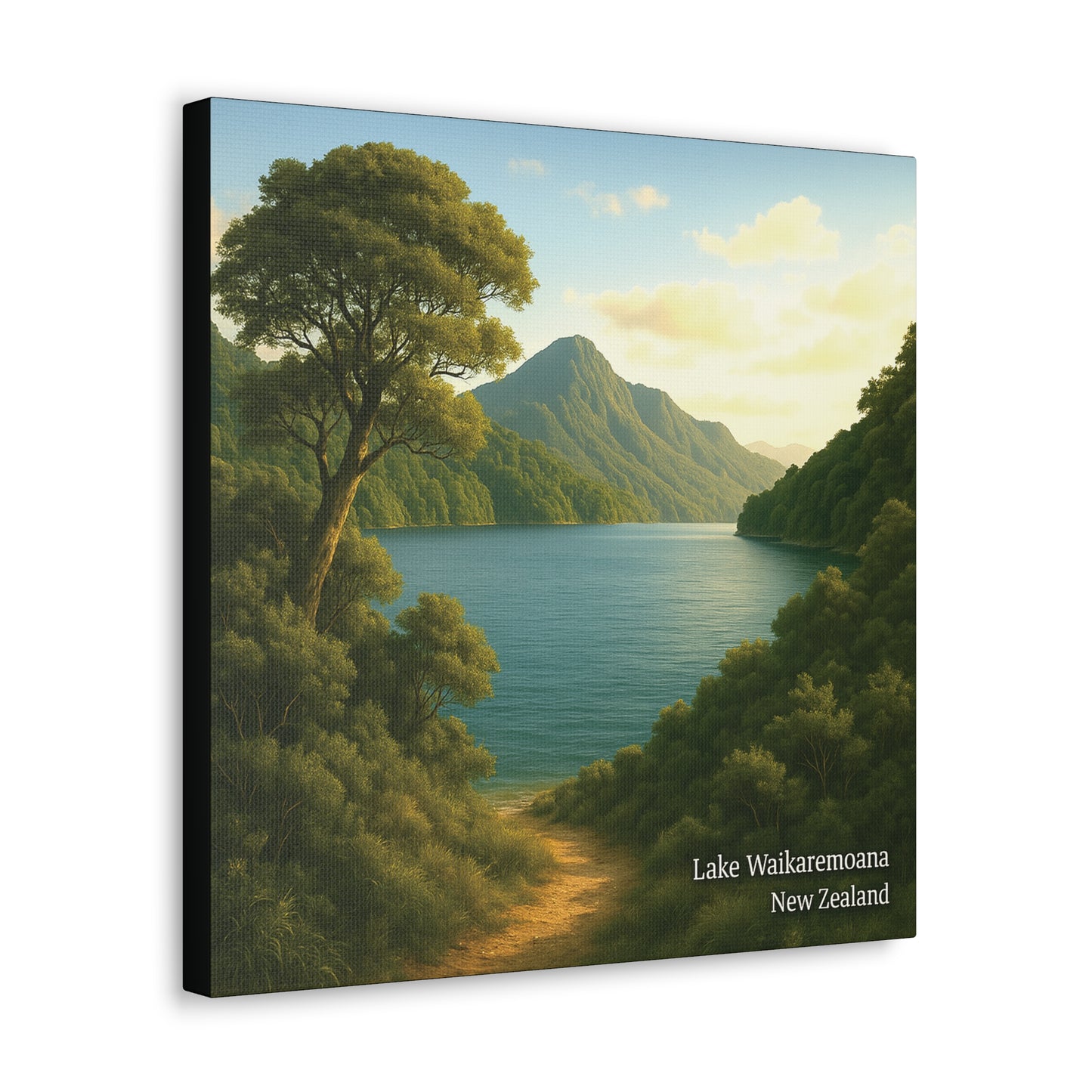 Canvas print of a scenic view of Lake Waikaremoana with mountains and trees.