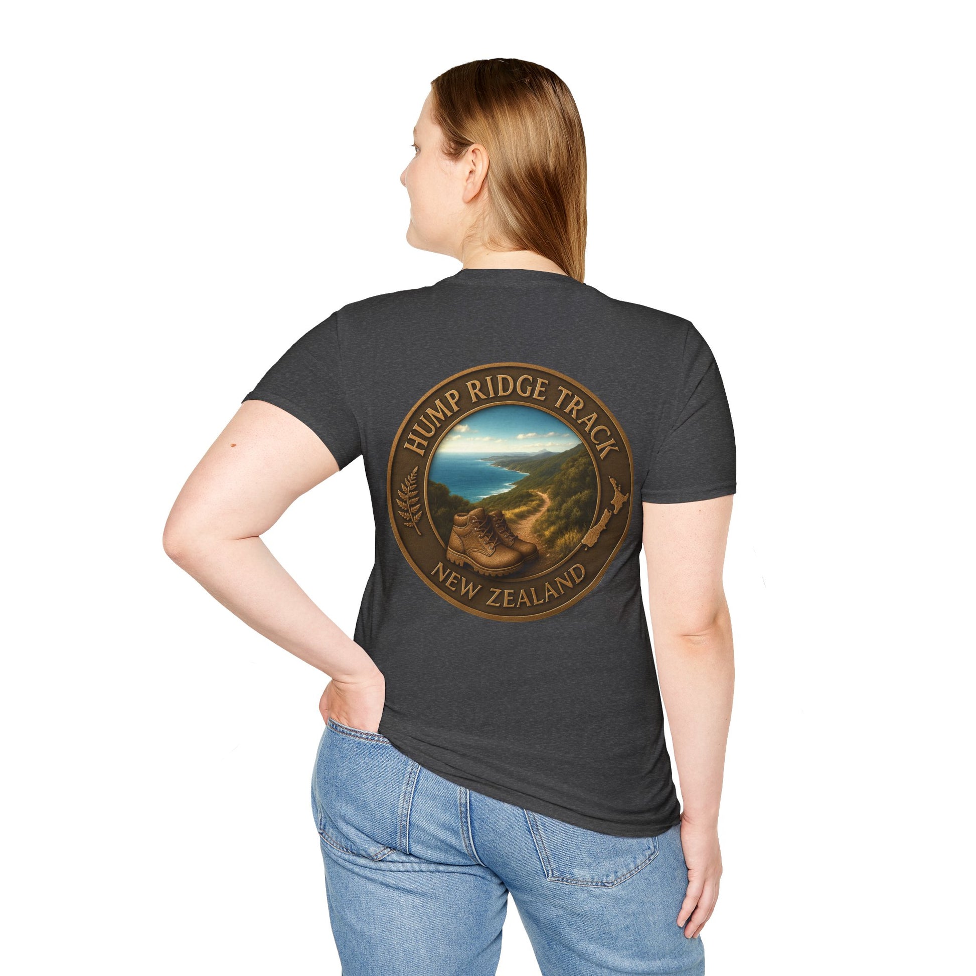 Person wearing a black t-shirt with Hump Ridge Track New Zealand design on the back.