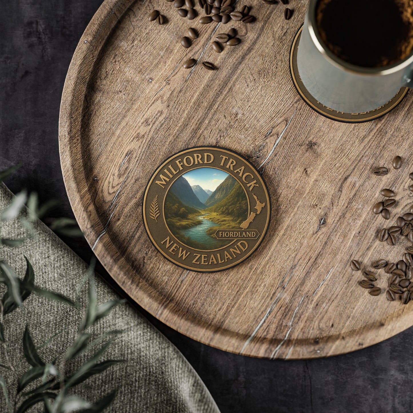 Wooden coaster with Milford Track New Zealand design on a wooden tray with coffee and seeds.
