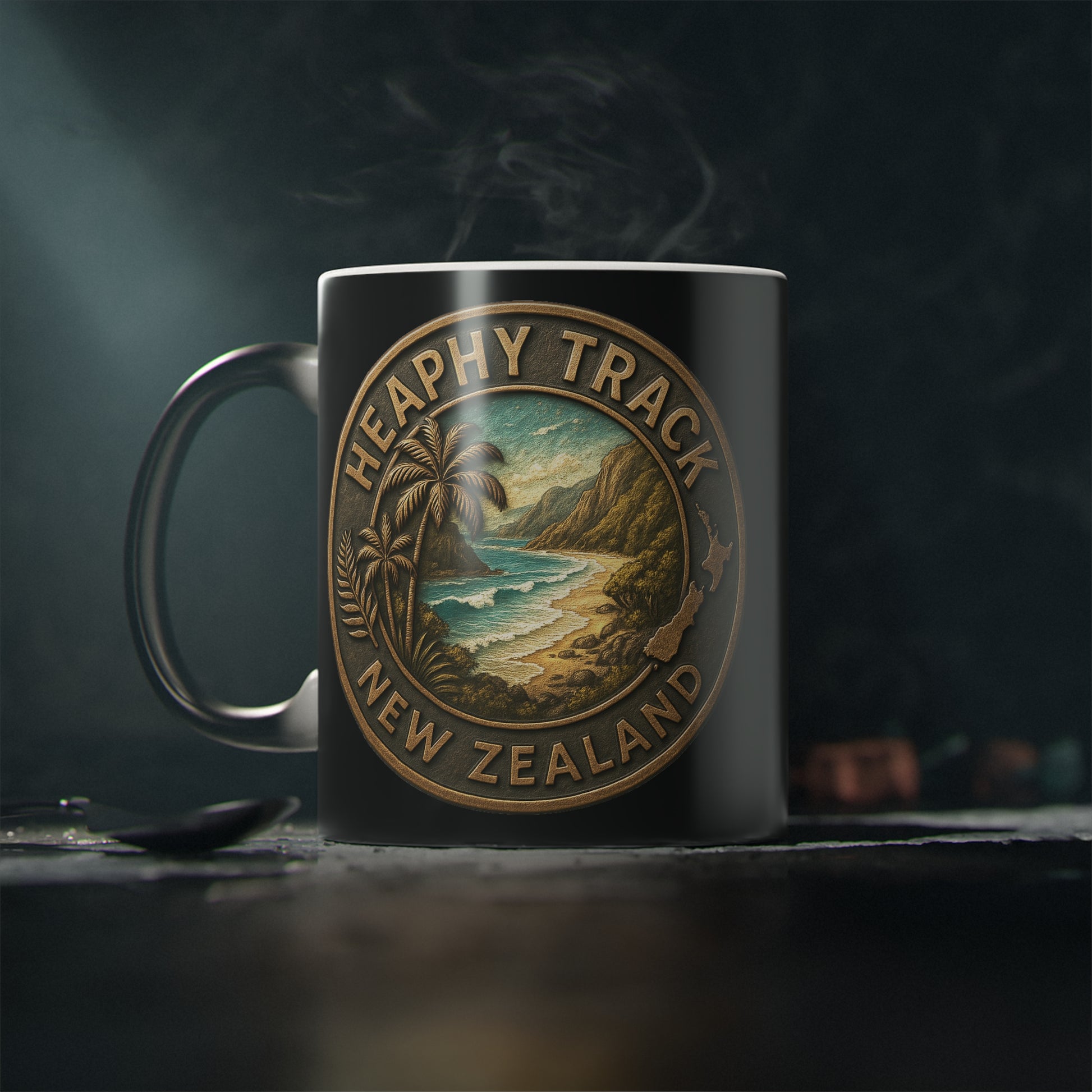 Coffee Cup Mug with Heaphy Track New Zealand design on a dark background