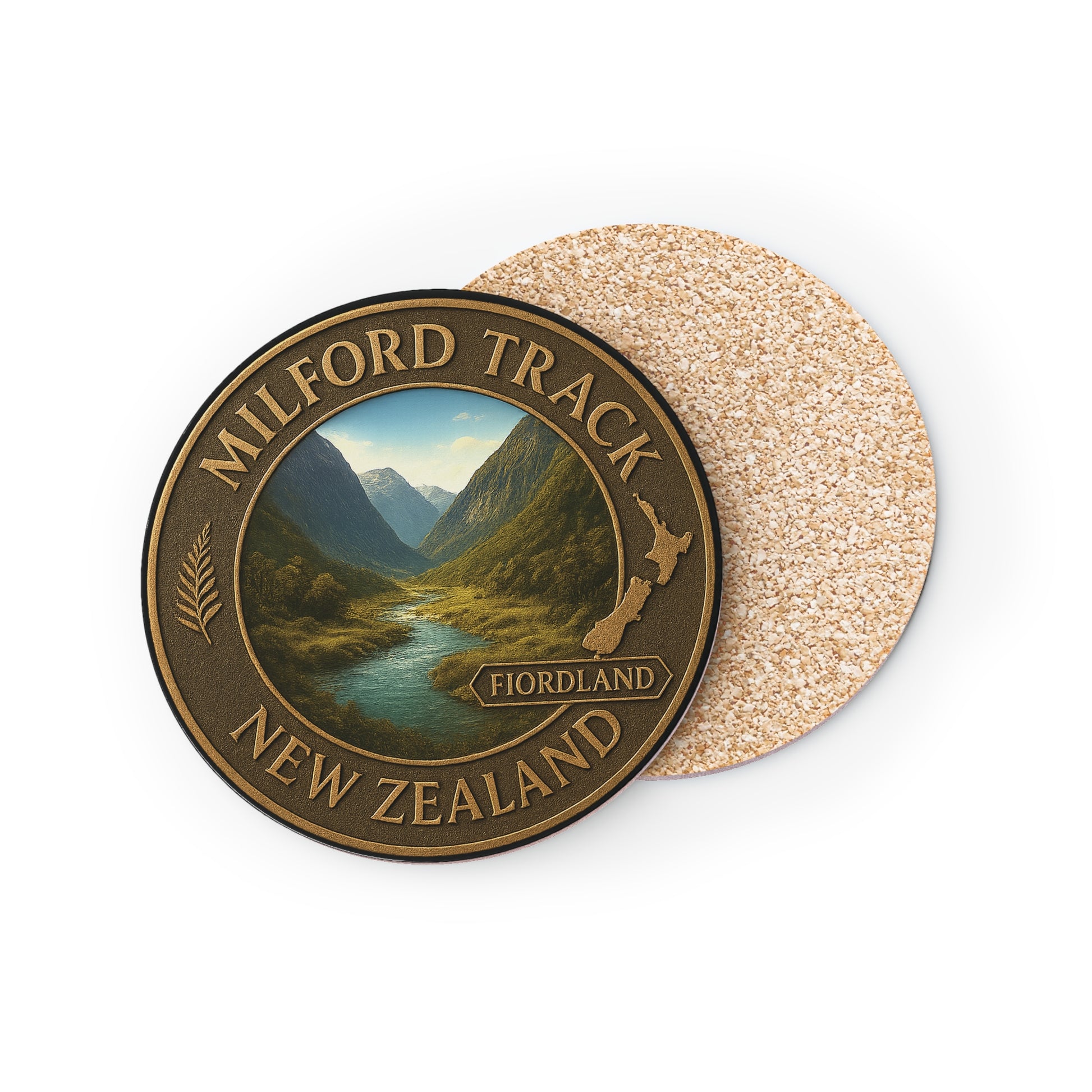 Coaster with Milford Track design on a white background