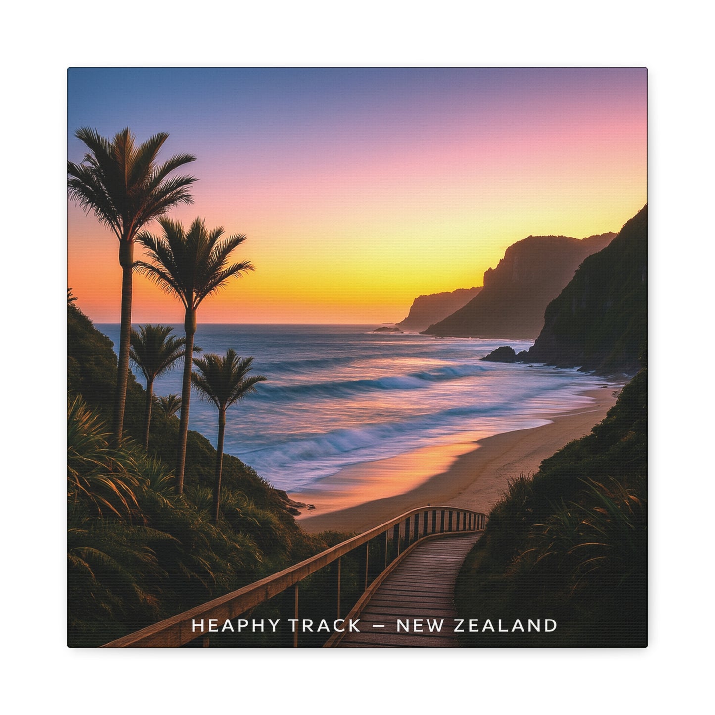 Beach scene with palm trees and sunset, featuring text 'HEAPHY TRACK - NEW ZEALAND'.